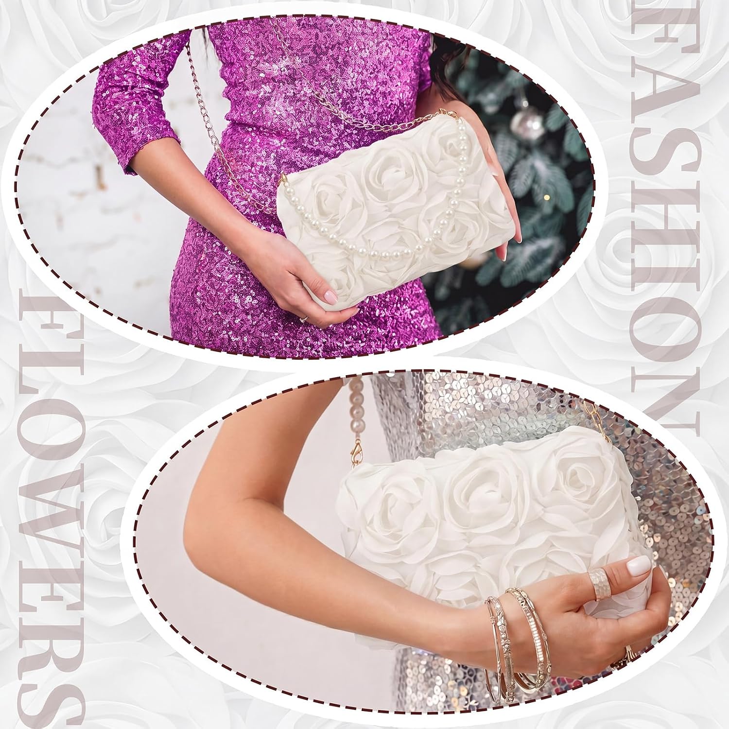 Women's Satin Rosette Clutch with Pearl Handle and Chain