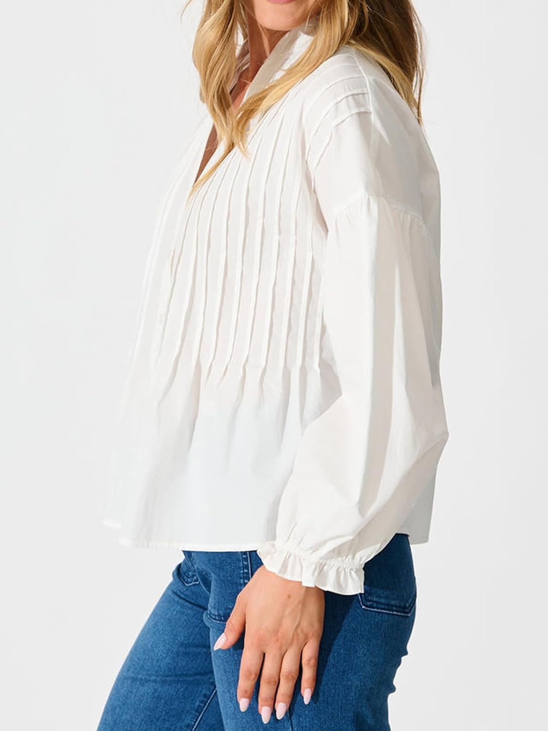 Women's Button Down Shirts Mandarin Collar V Neck Long Sleeve Blouse Pleated Shirt