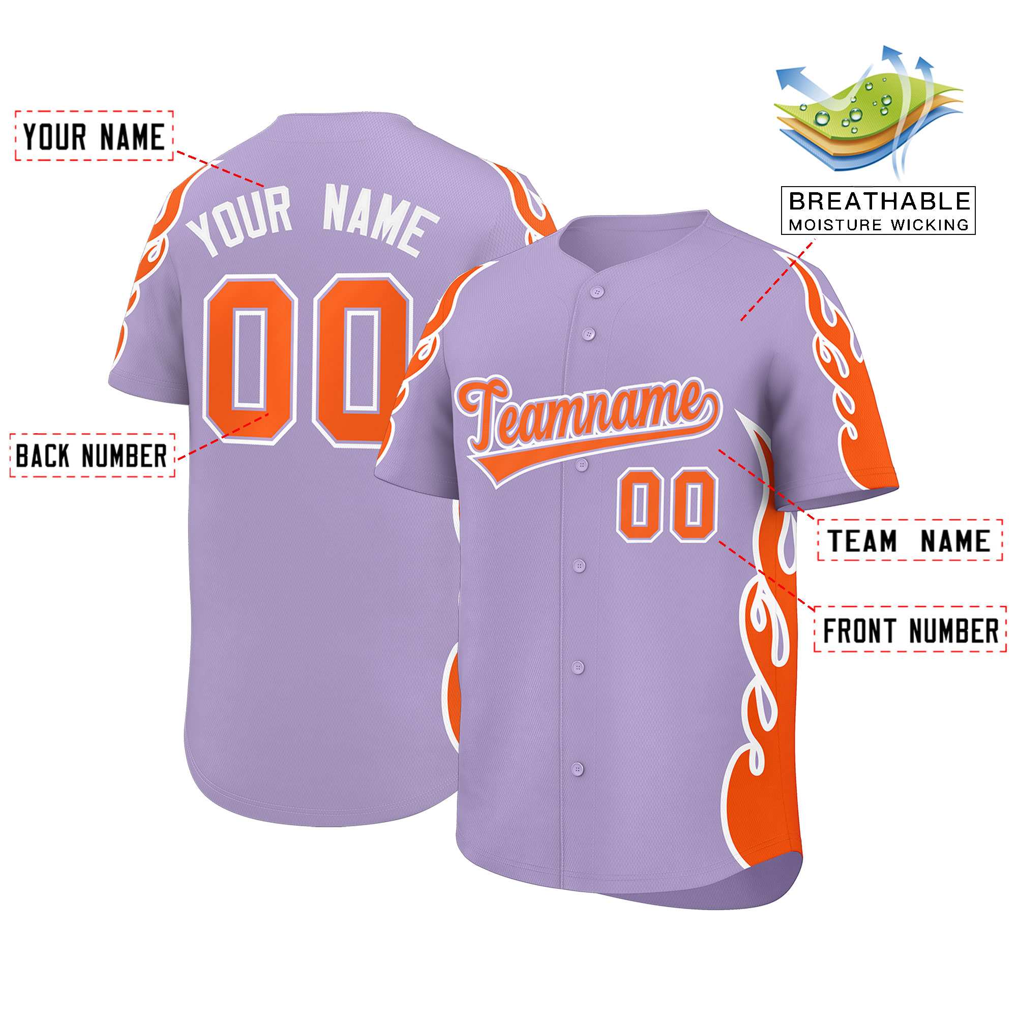 Benutzerdefiniertes hellviolettes orangefarbenes Seitenflammen-Umrissmuster-Sportuniform-Baseball-Trikot Benutzerdefiniertes hellviolettes orangefarbenes Seitenflammen-Umrissmuster-Sportuniform-Baseball-Trikot