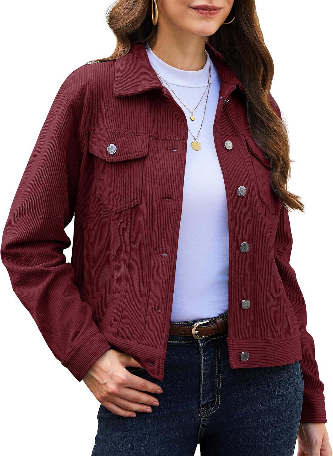 Women's Corduroy Jacket Casual Collar Button Down Coats Fall Long Sleeve Outwear Jackets with Pockets