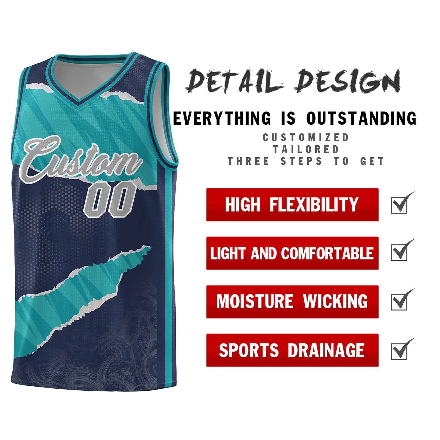 Benutzerdefiniertes mitternachtsblaues Aqua-Aqua-Tränen-Graffiti-Muster-Sportuniform-Basketballtrikot