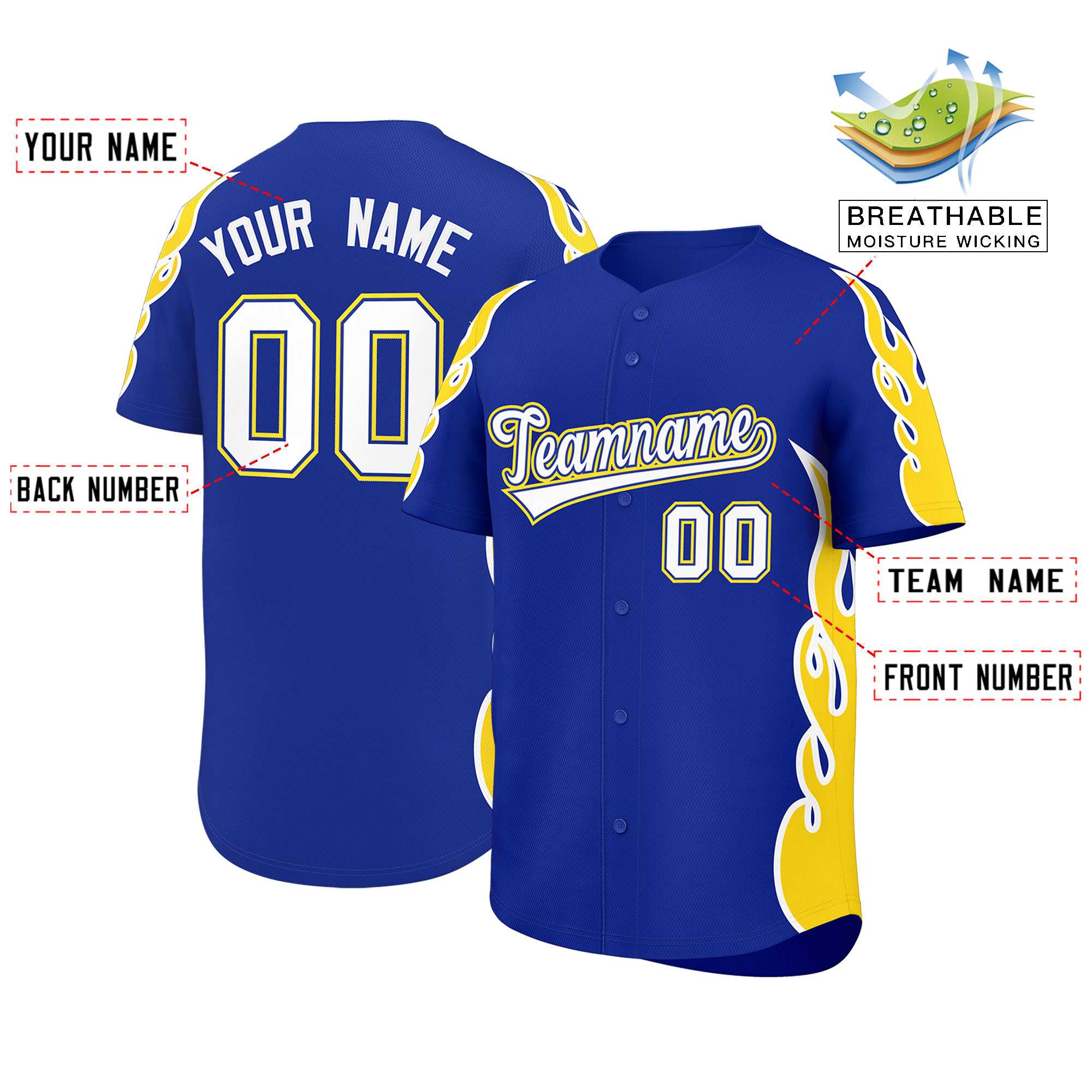 Benutzerdefiniertes Baseball-Trikot mit Seitenflammen-Umrissmuster für Sportuniformen