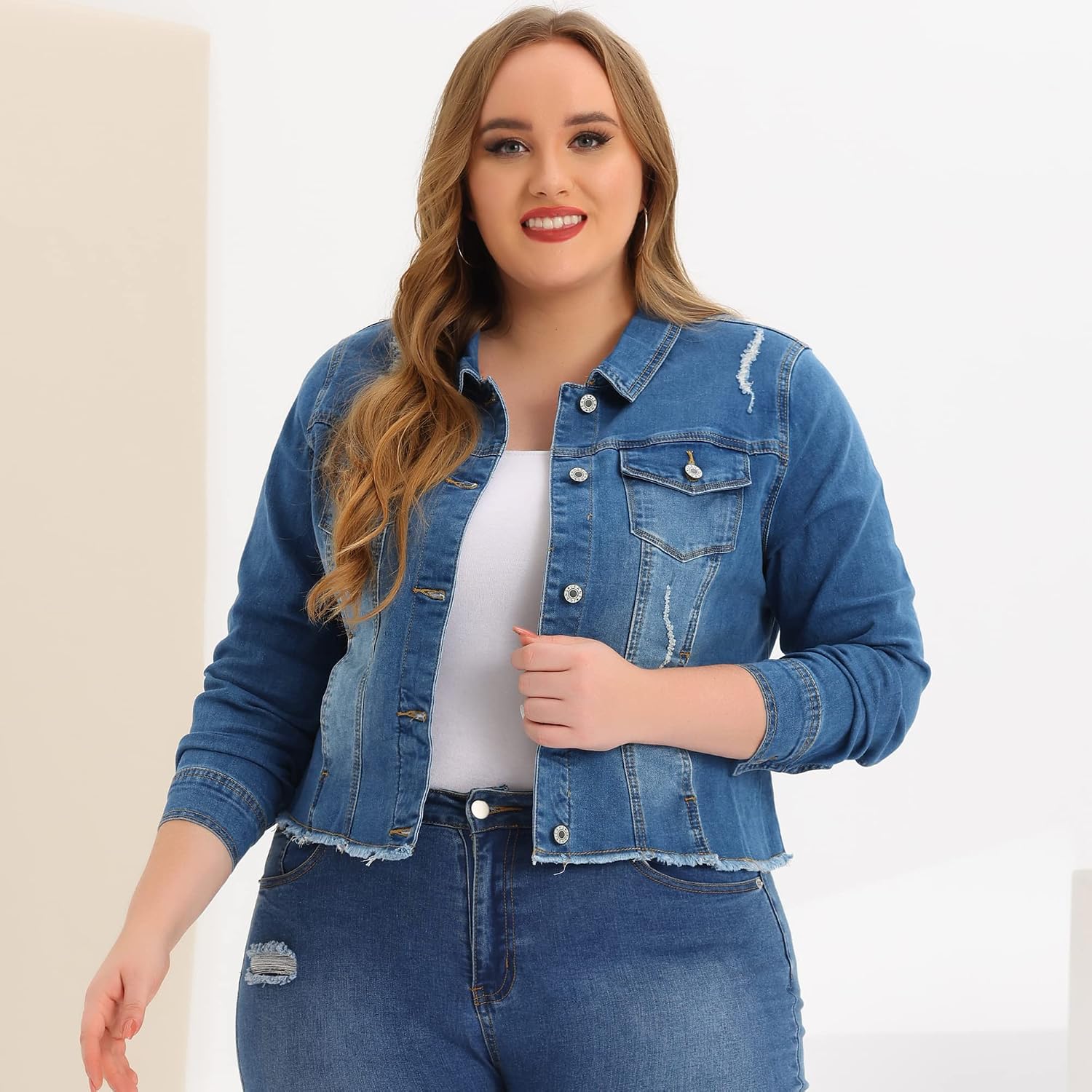 Women's Plus Size Distressed Denim Jacket Raw Hem