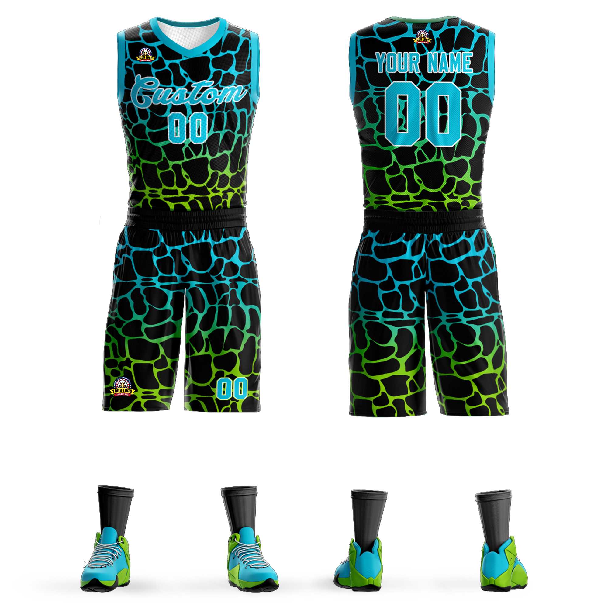 Benutzerdefiniertes schwarzes, himmelblau-neongrün geflecktes Graffiti-Muster-Sportuniform-Basketballtrikot
