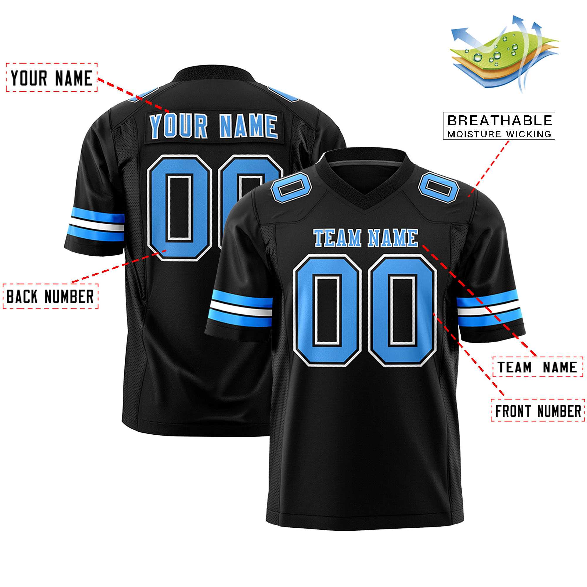 Personalisiertes, klassisches, authentisches Fußballtrikot in Schwarz-Pulverblau-Weiß