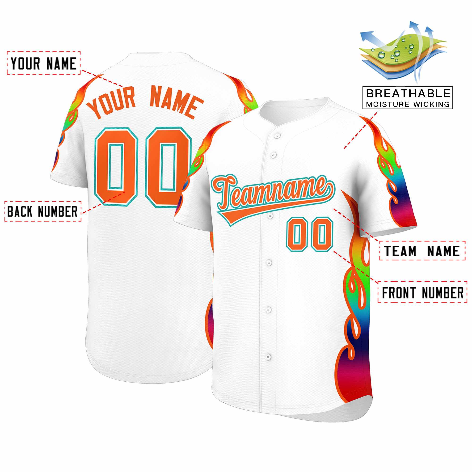 Benutzerdefiniertes Graffiti-Muster, personalisierter mehrfarbiger Flammendruck, authentisches Baseball-Trikot