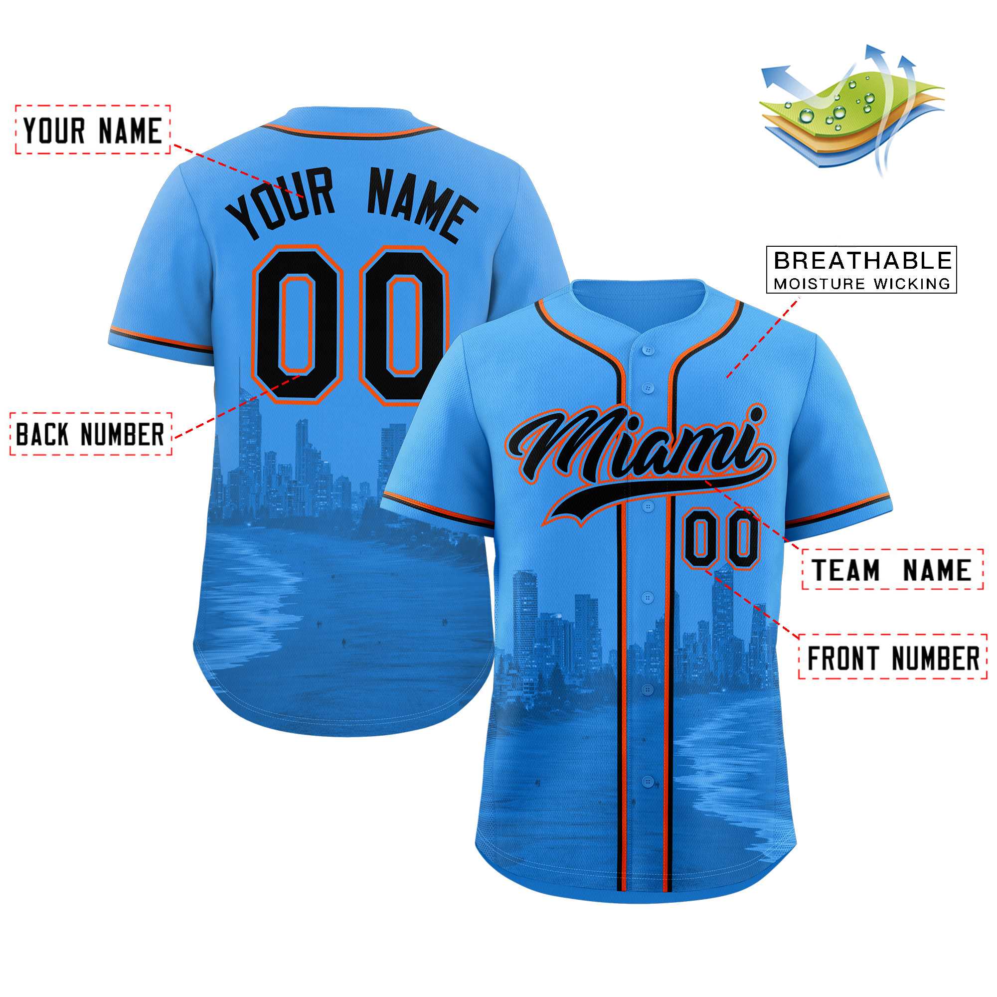 Benutzerdefiniertes Schwarz-Pulverblaues Miami City Skyline Baseball-Trikot Benutzerdefiniertes Schwarz-Pulverblaues Miami City Skyline Baseball-Trikot