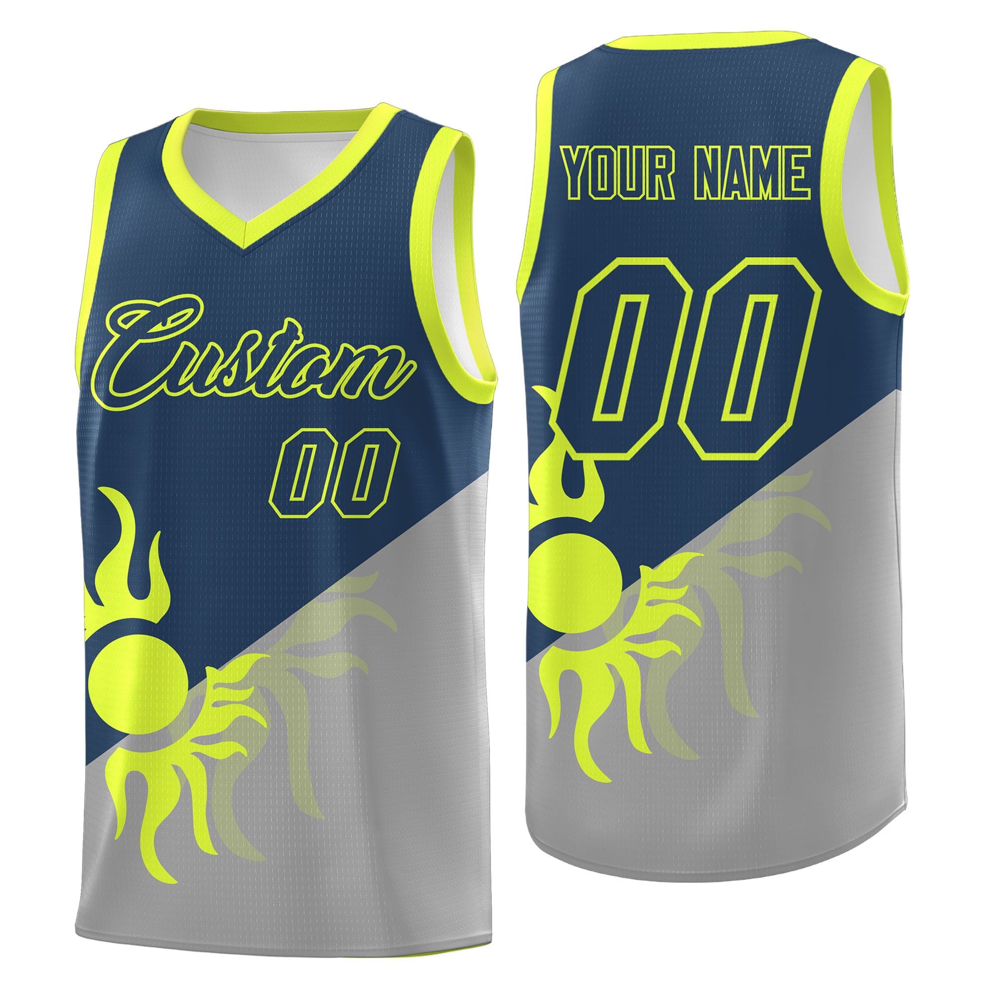 Maßgeschneidertes zweifarbiges, schnell trocknendes Uniform-Basketballtrikot mit strahlendem Sonnendesign in Grau und Mitternachtsblau