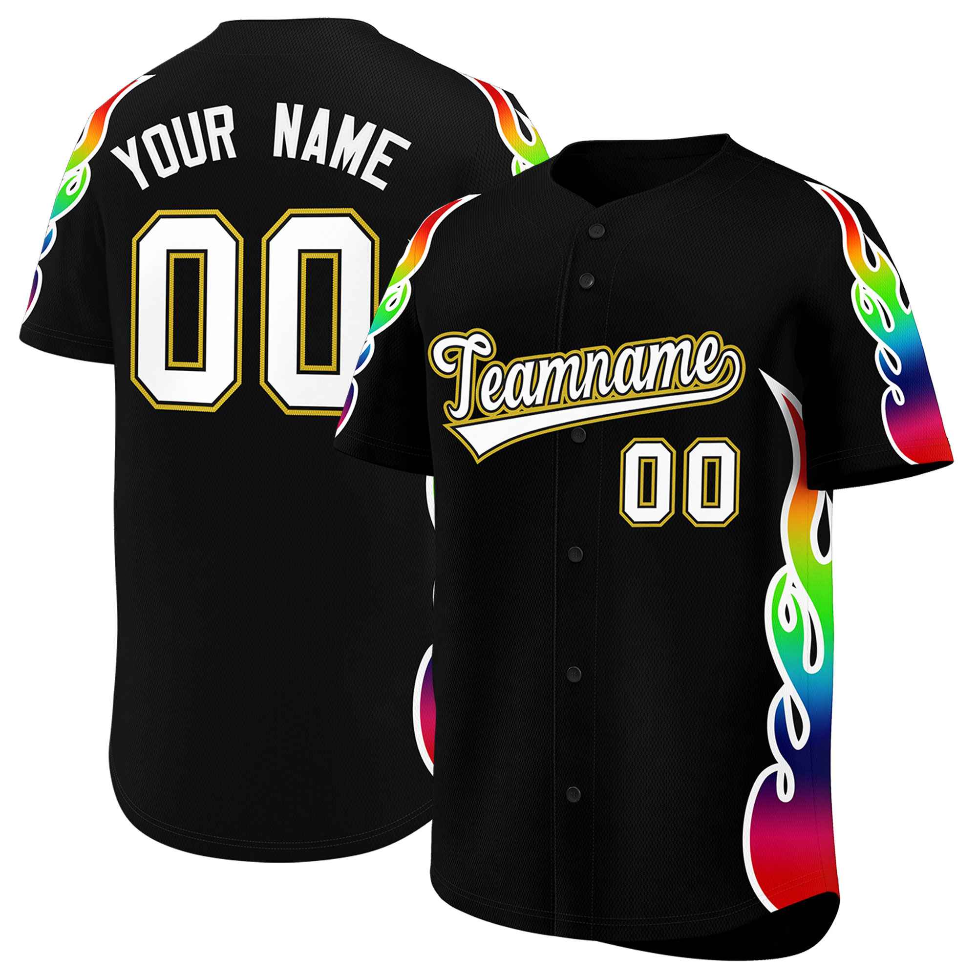 Benutzerdefiniertes Graffiti-Muster, personalisierter mehrfarbiger Flammendruck, authentisches Baseball-Trikot