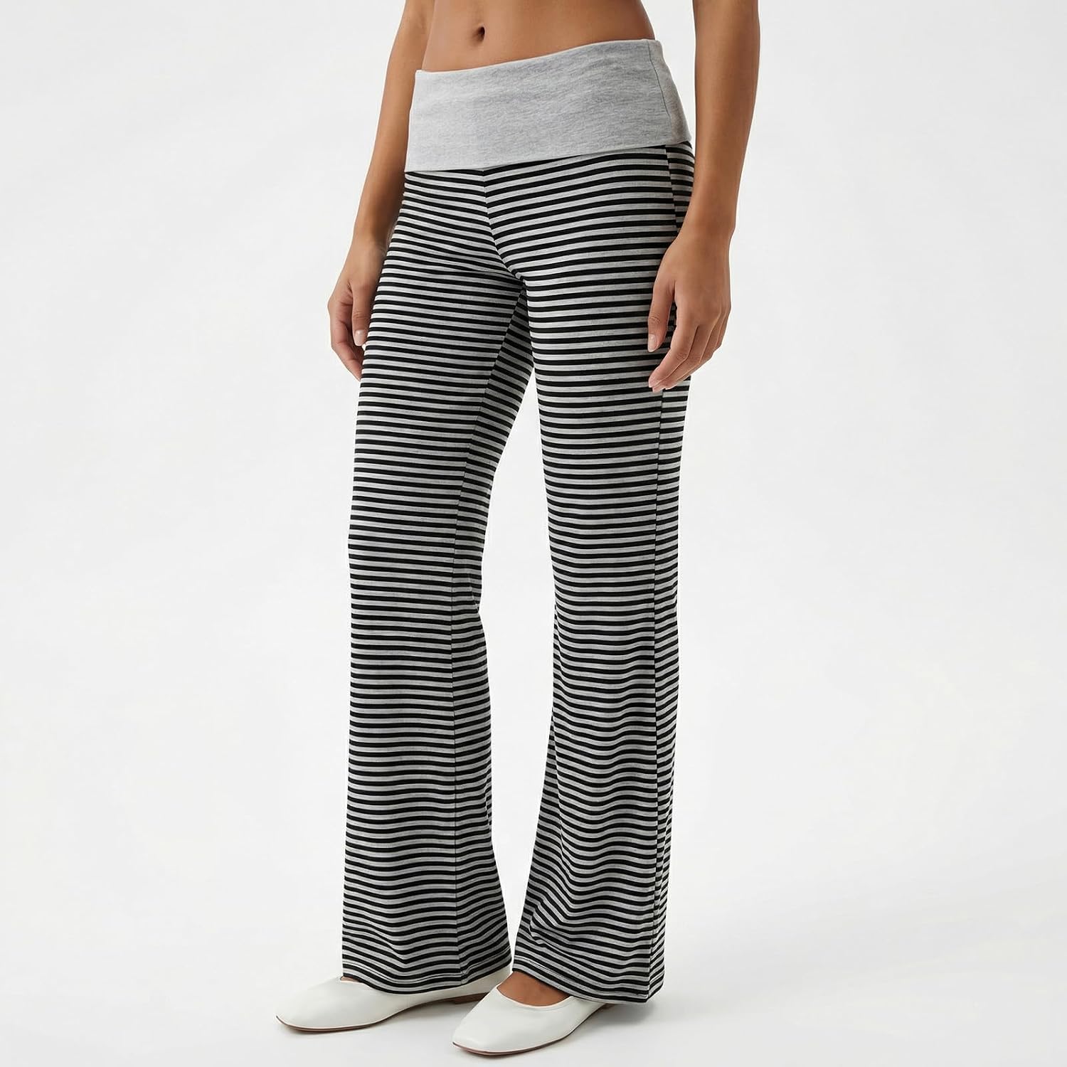 Women's Fold Over Low Rise Flare Leggings Striped
