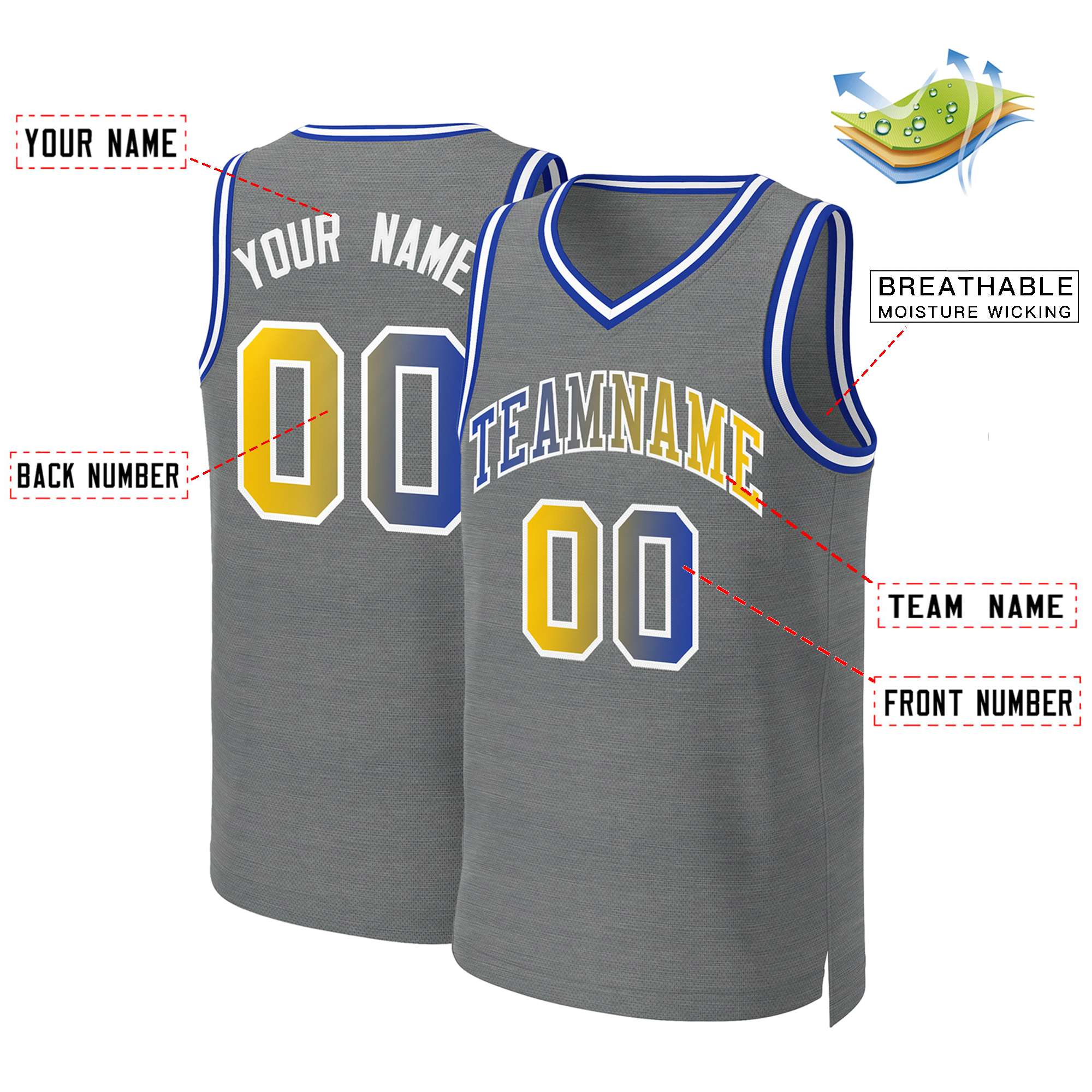 Benutzerdefiniertes Basketballtrikot mit klassischem Farbverlauf und modischen Oberteilen