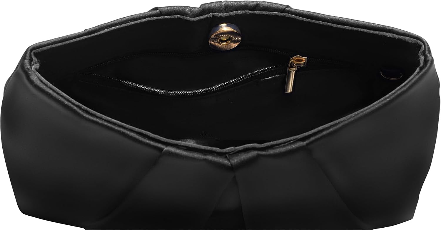 Women's Black Satin Pleated Clutch with Pearl Chain Handle