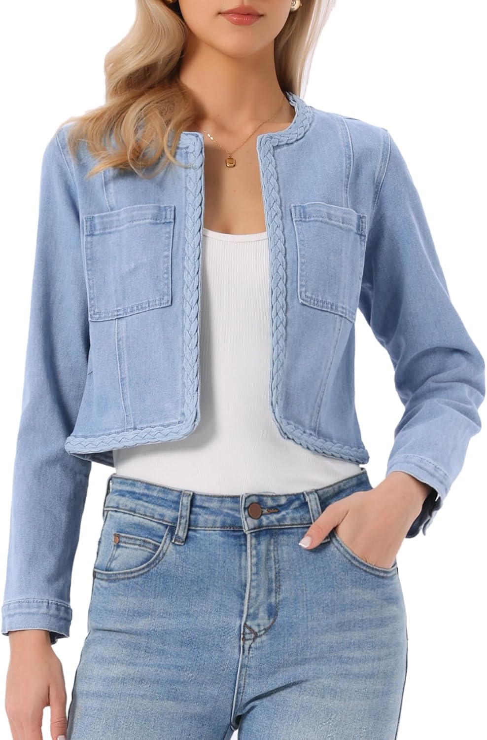 Denim Jacket for Women Collarless Long Sleeve Open Front Cropped Jean Jackets