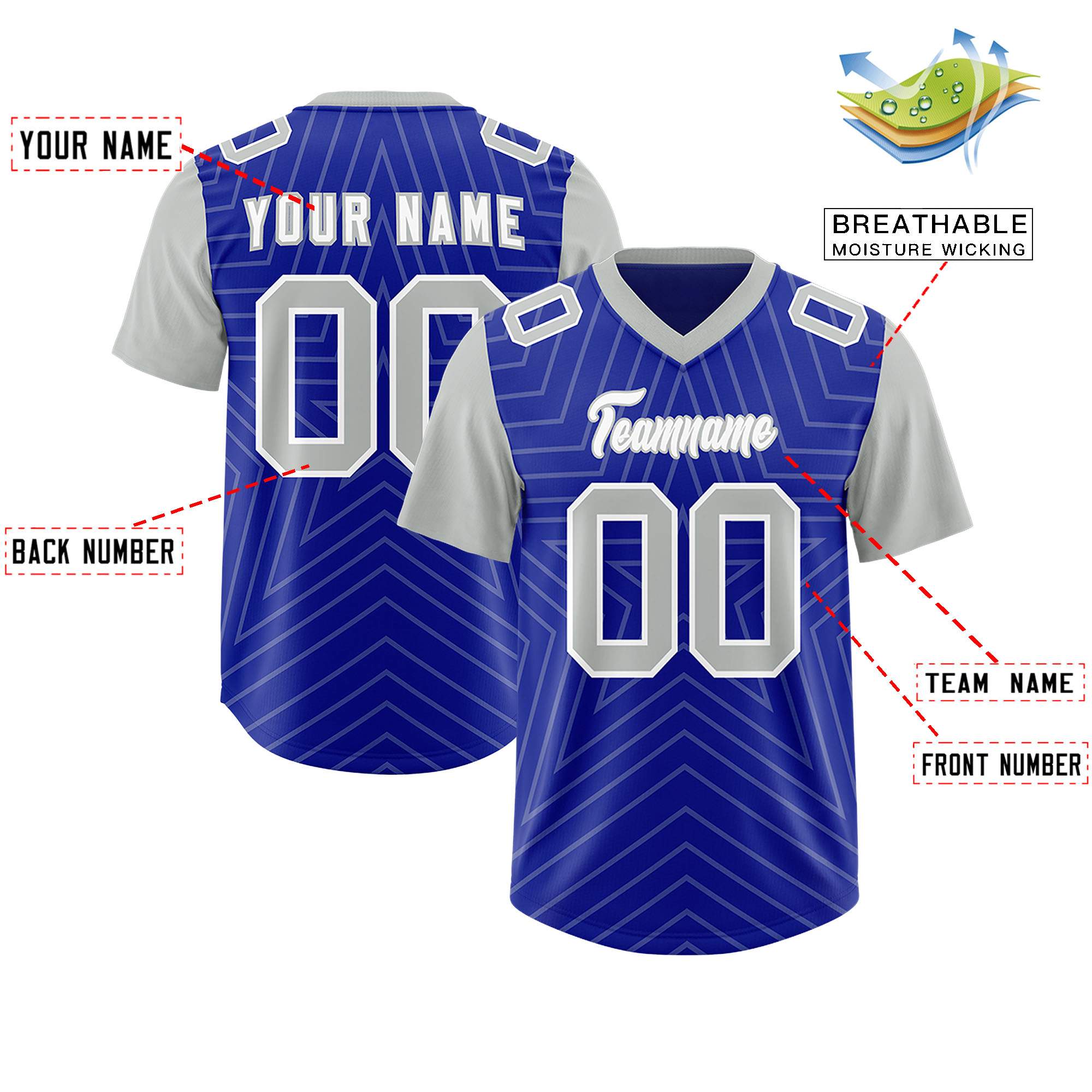 Individuell personalisiertes, authentisches Fußballtrikot mit Raglanärmeln und Sternenmuster