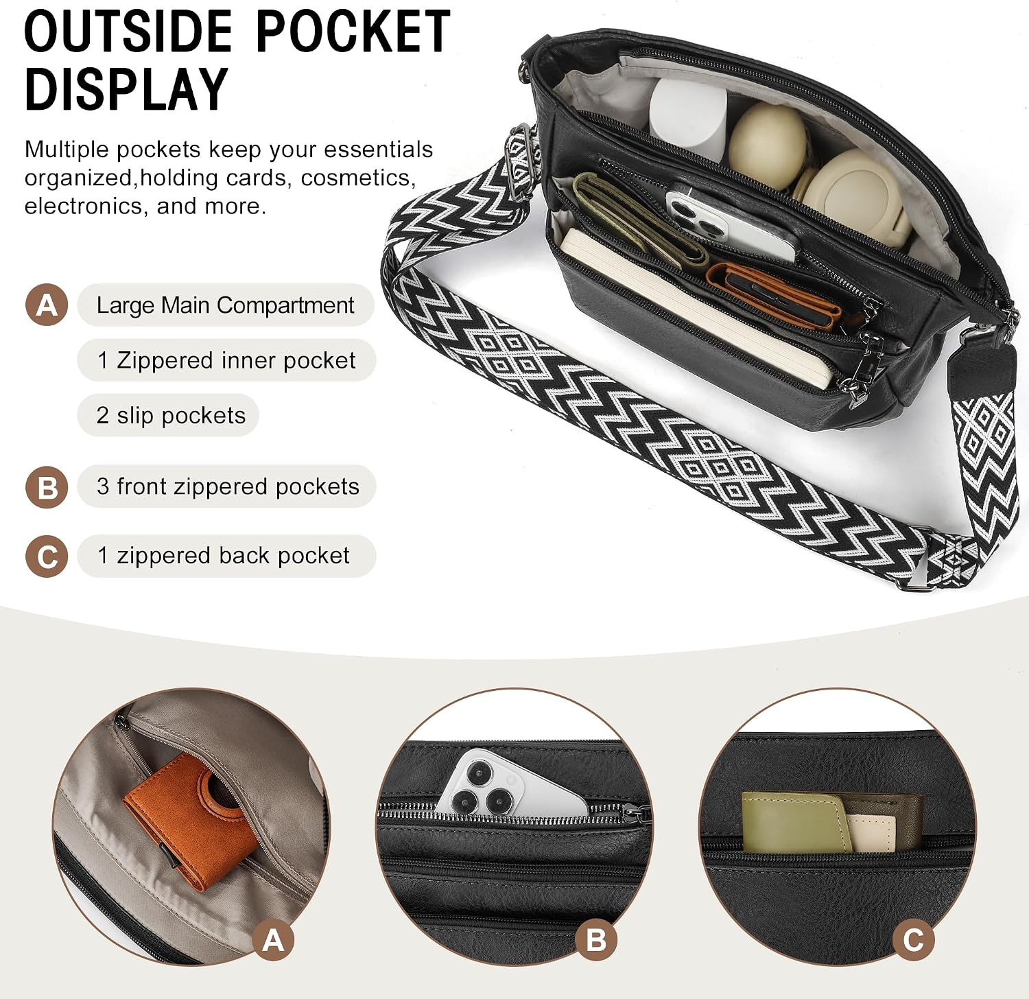 Women's Nylon Crossbody Bag Multi Pocket with Wide Strap