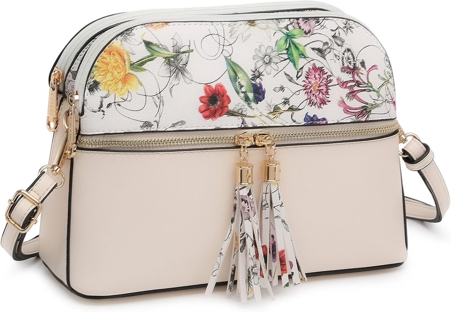 Women's Beige Floral-Print Dome Crossbody Bag Tassel