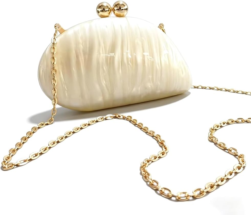 Women's Acrylic Shell Clutch Evening Bag with Gold Chain