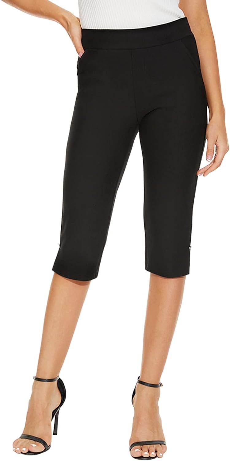 Women's High Waist Capri Pants with Pockets (Black)