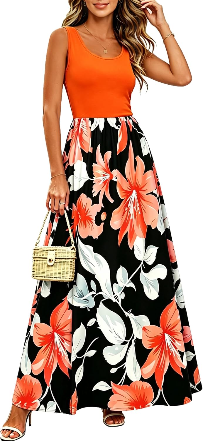 Women's Floral Print Maxi Dress Tank Scoop Neck Orange