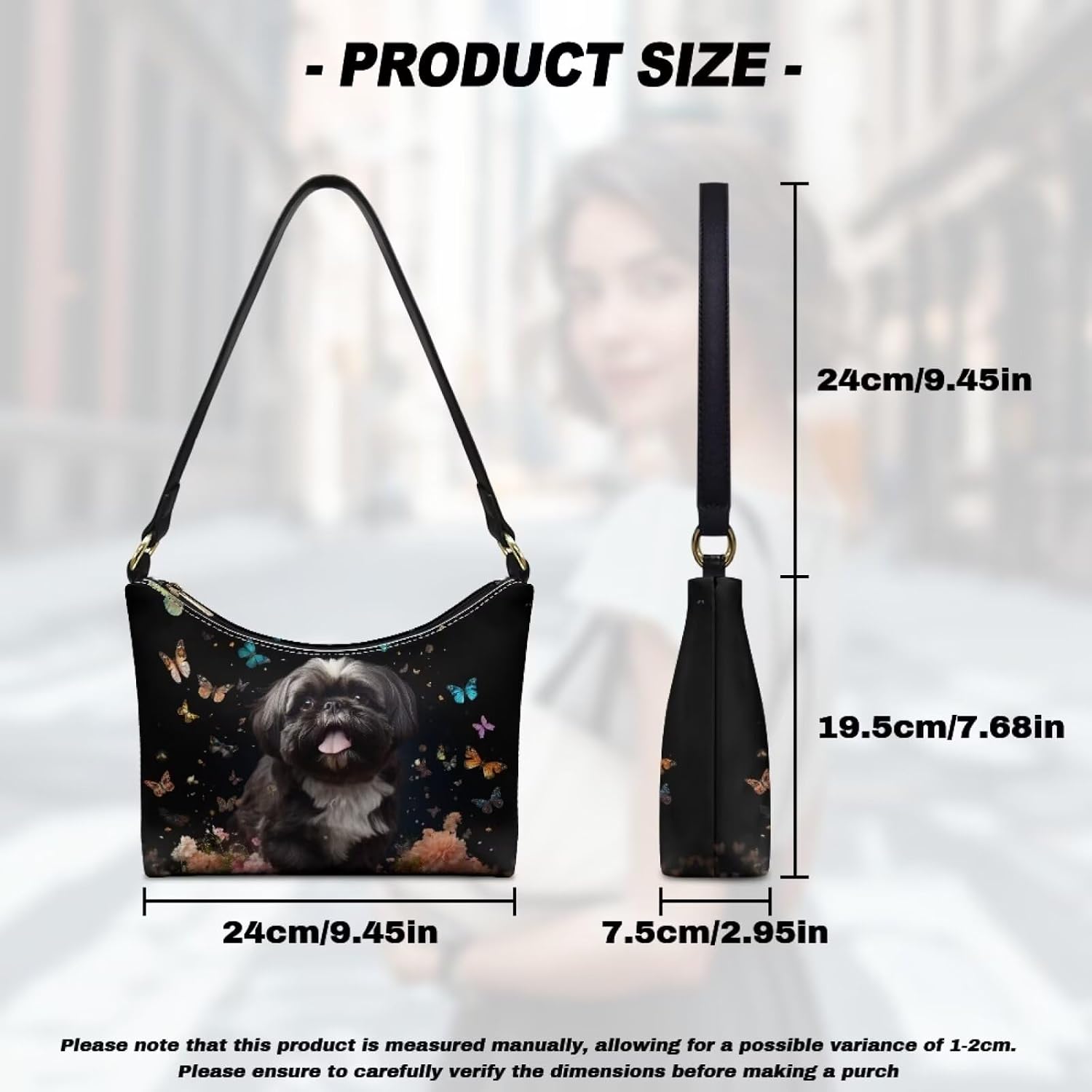 Women's Shih Tzu Print Crescent Shoulder Bag with Zipper