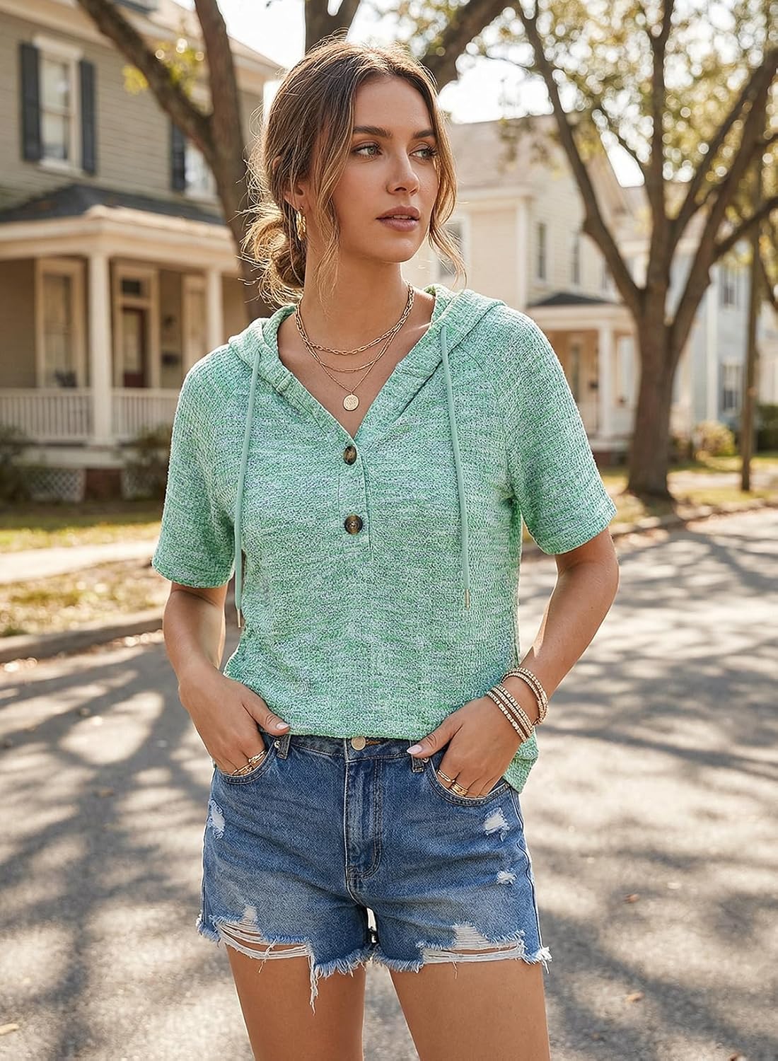 Womens Summer Tops Short Sleeve Button V Neck Waffle Knit Lightweight Drawstring Hoodies Blouses Shirts