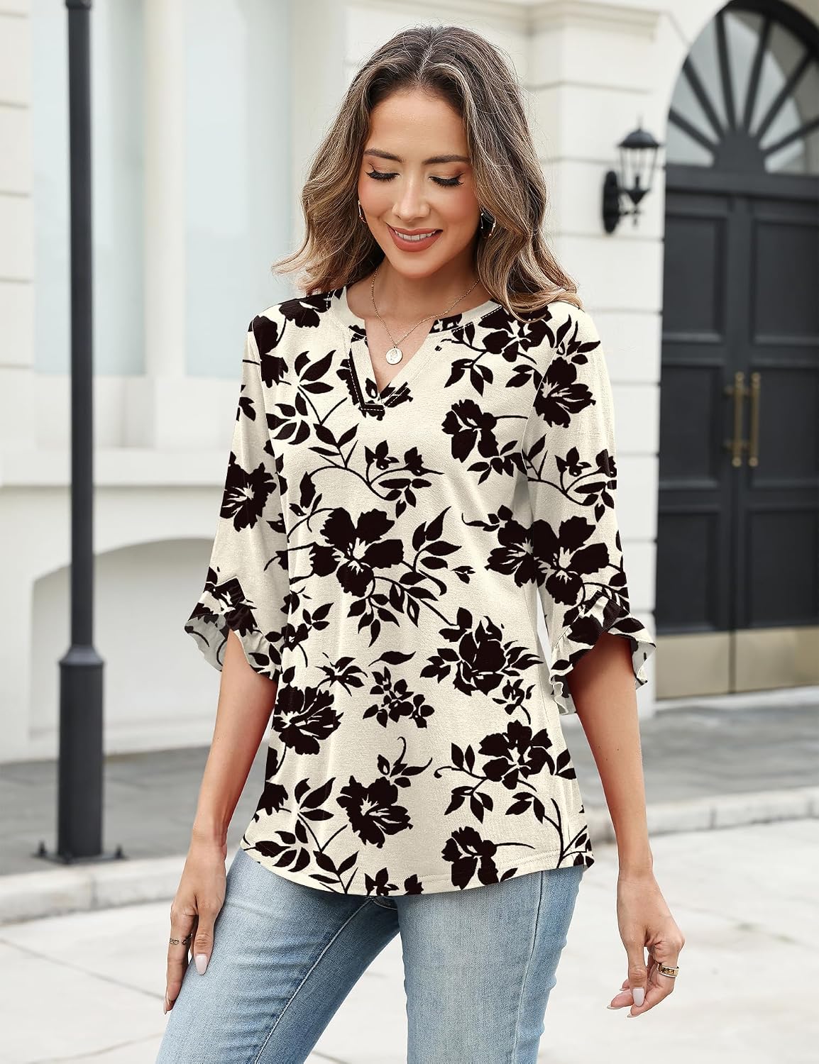 3-Quarter Length Sleeve Womens Tops Dressy V Neck Blouse Ruffle Shirts Summer Fall Clothes