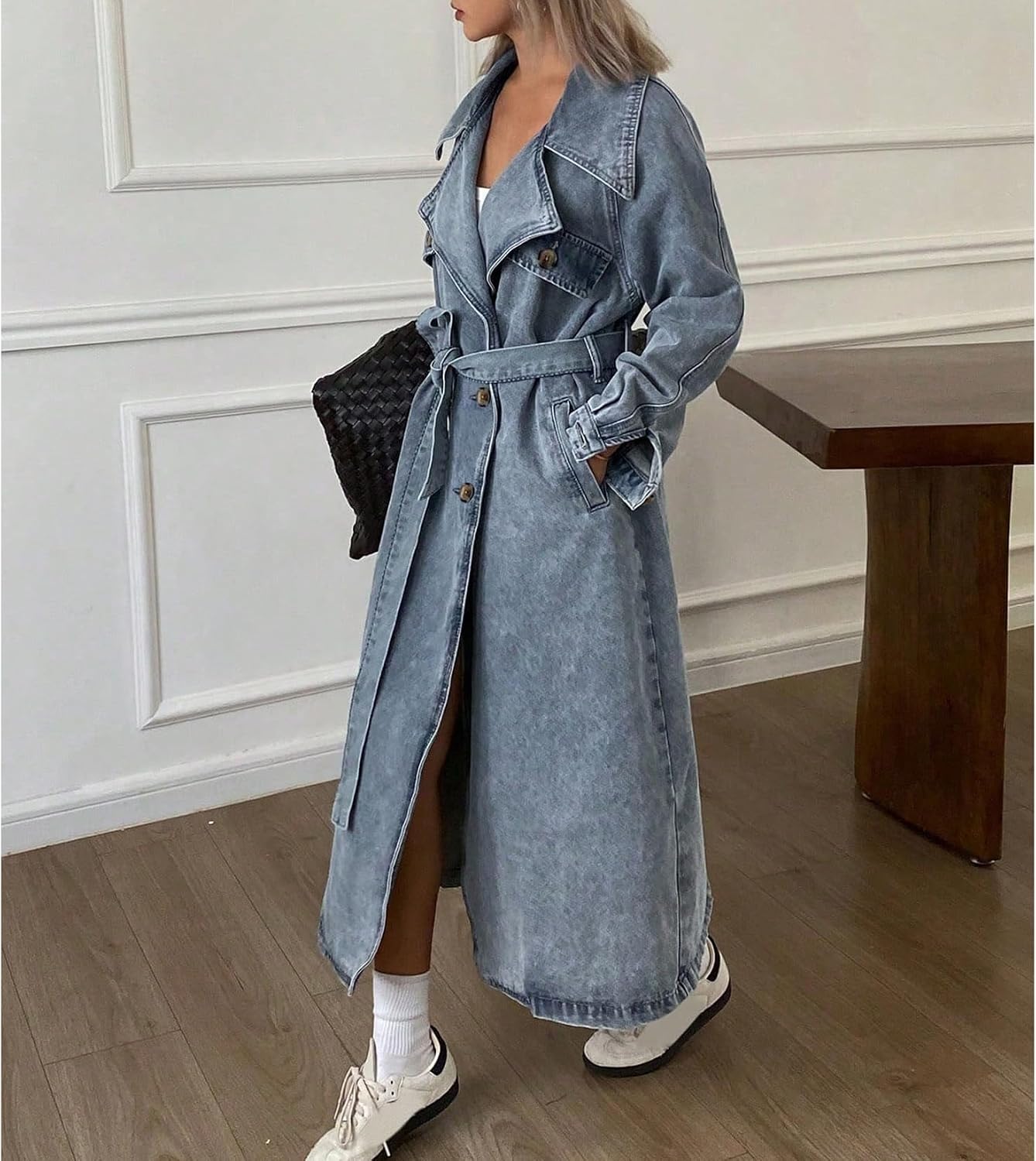 Women's Denim Trench Coat Long Sleeve Lapel Collar Double Breasted Belted Oversized Maxi Jean Jacket Duster Women's Denim Trench Coat Long Sleeve Lapel Collar Double Breasted Belted Oversized Maxi Jean Jacket Duster