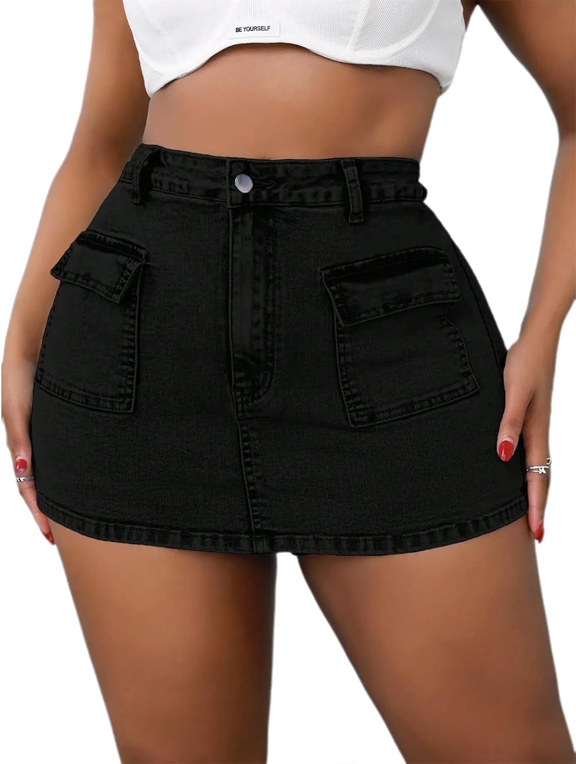 Women's High Waisted Cargo Denim Skort Black