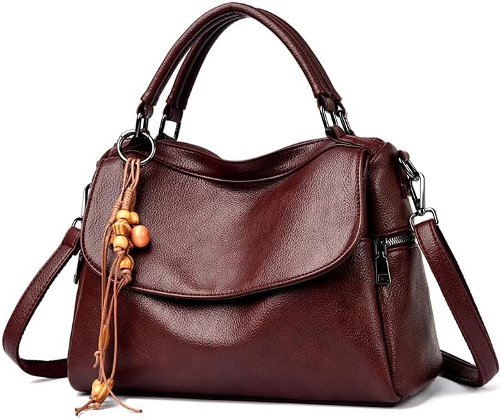 Women's Soft Pebbled Leather Flap Satchel Bag Wine Red