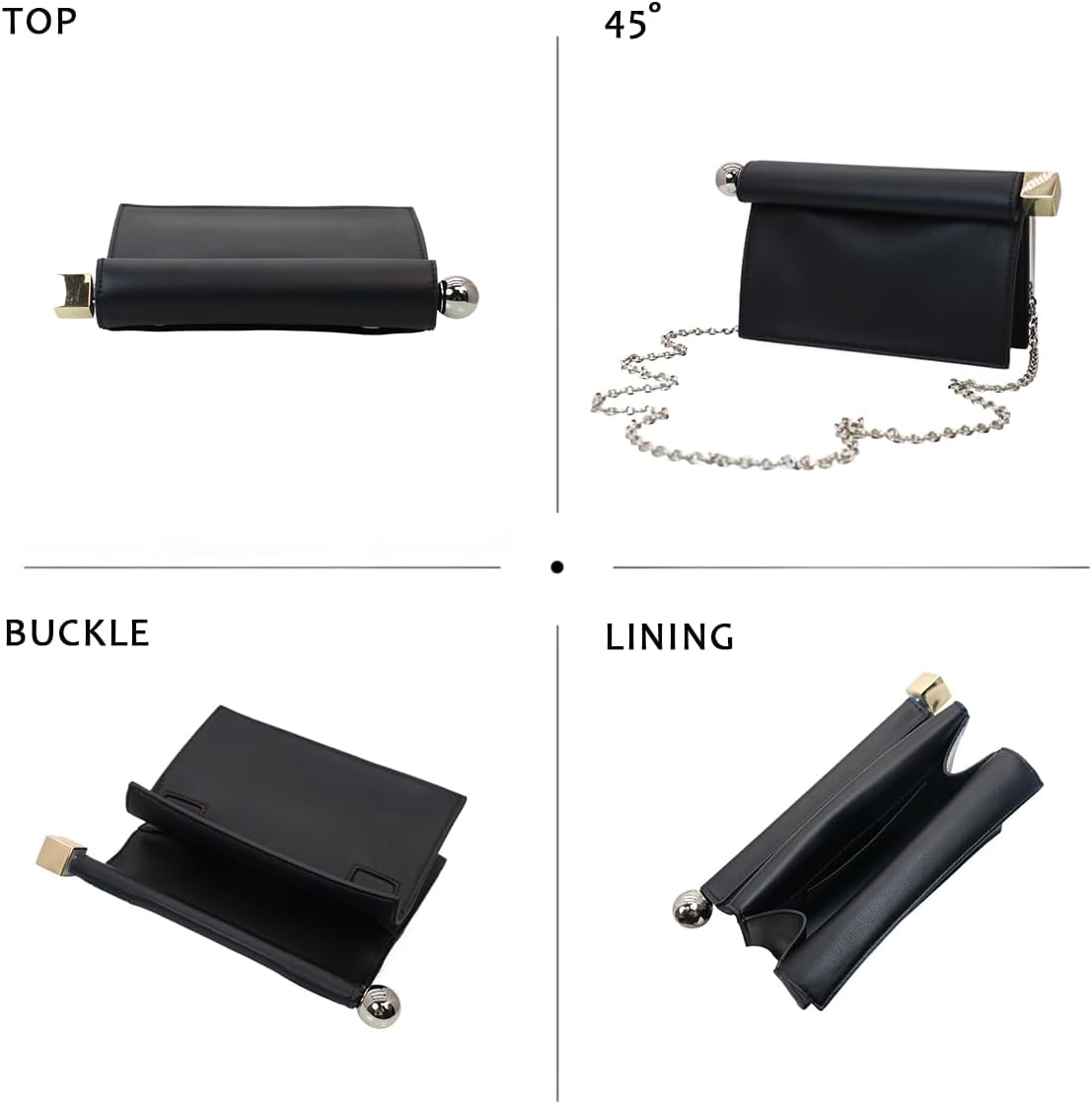 Women's Foldover Clutch Purse Metal Bar Evening Bag Black Women's Foldover Clutch Purse Metal Bar Evening Bag Black