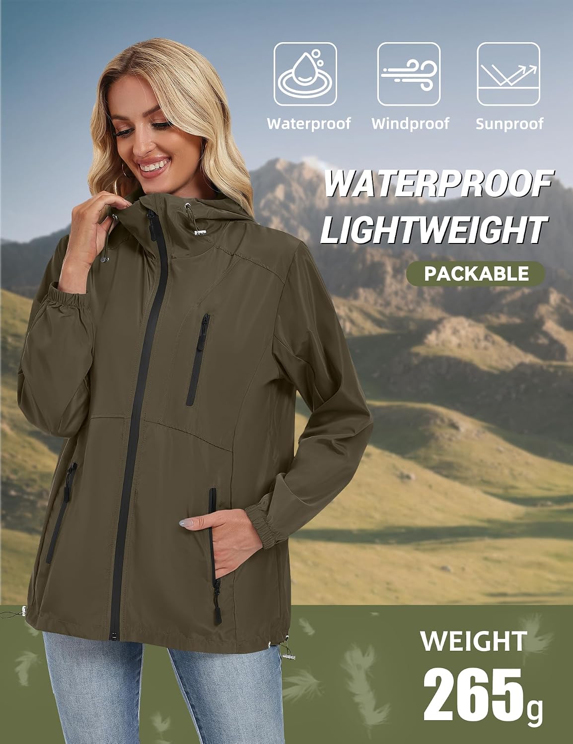 Women's Packable Hooded Windbreaker Rain Jacket Army Green