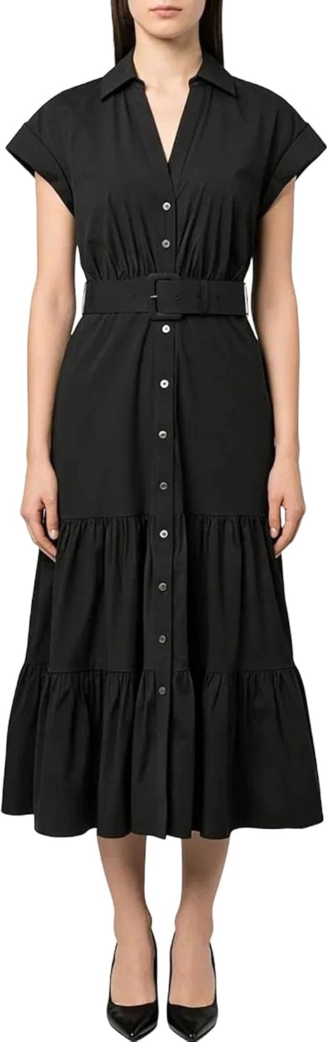 Women's Belted Shirt Midi Dress Collared Short Sleeve Black