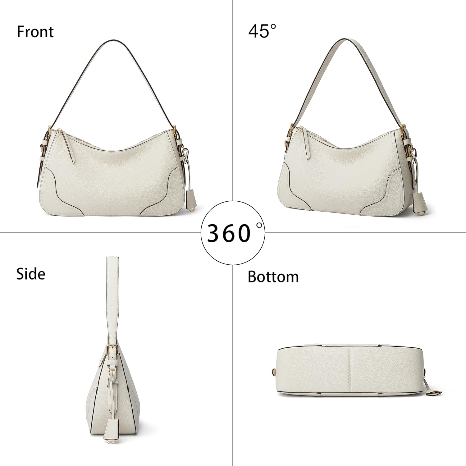 Women's Genuine Leather Pebbled Hobo Shoulder Bag Ivory Women's Genuine Leather Pebbled Hobo Shoulder Bag Ivory