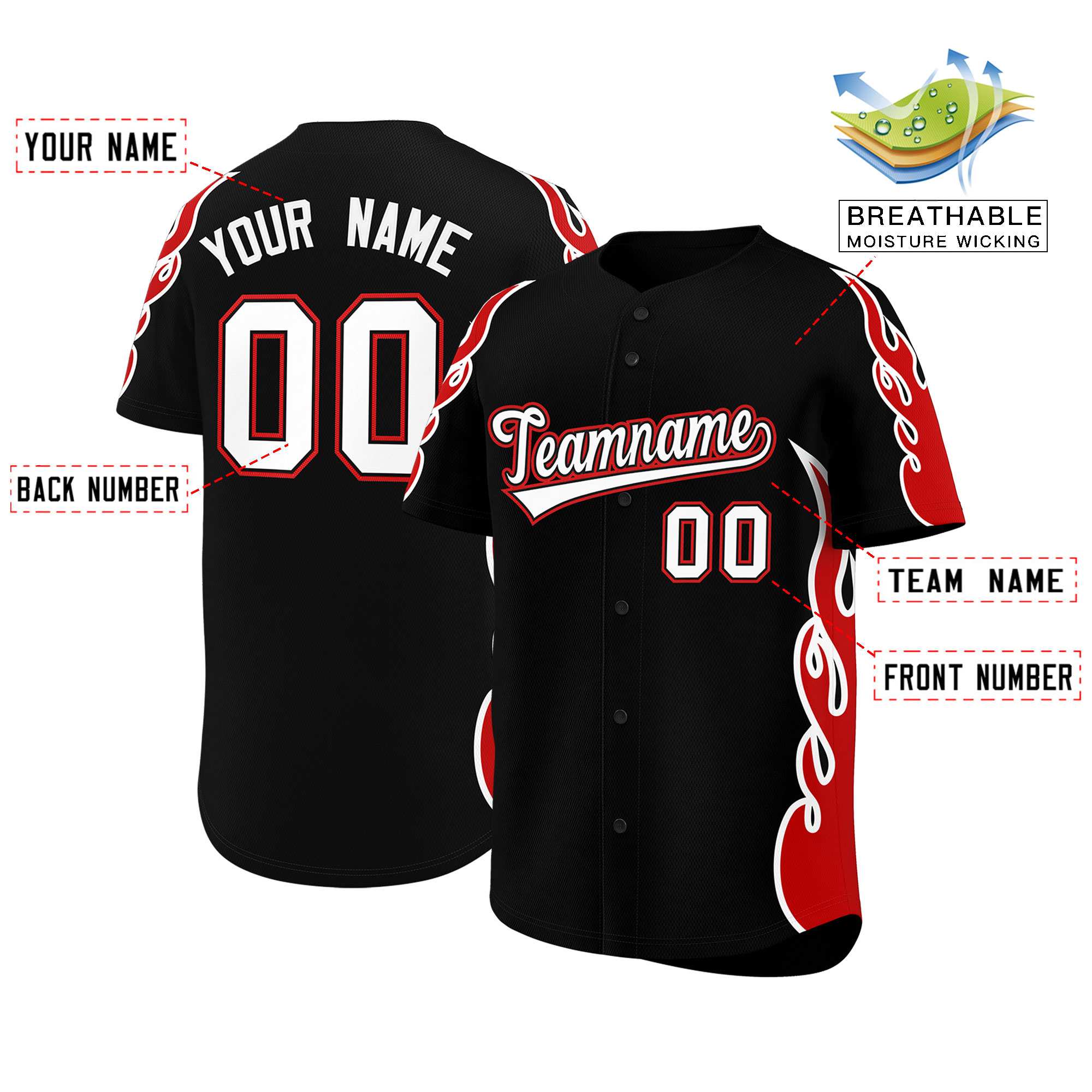 Benutzerdefiniertes Baseball-Trikot mit Seitenflammen-Umrissmuster für Sportuniformen