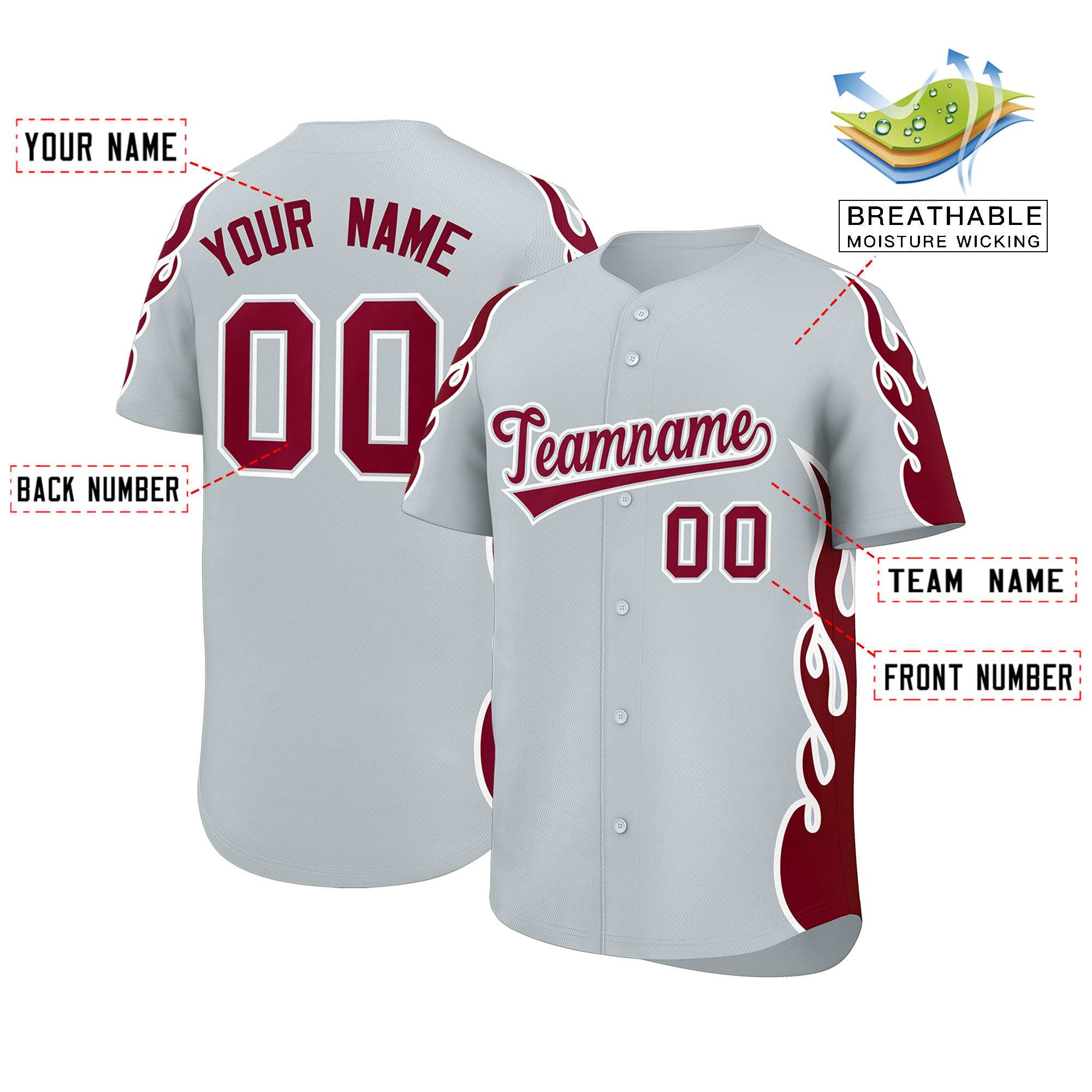 Benutzerdefiniertes Baseball-Trikot mit Seitenflammen-Umrissmuster für Sportuniformen