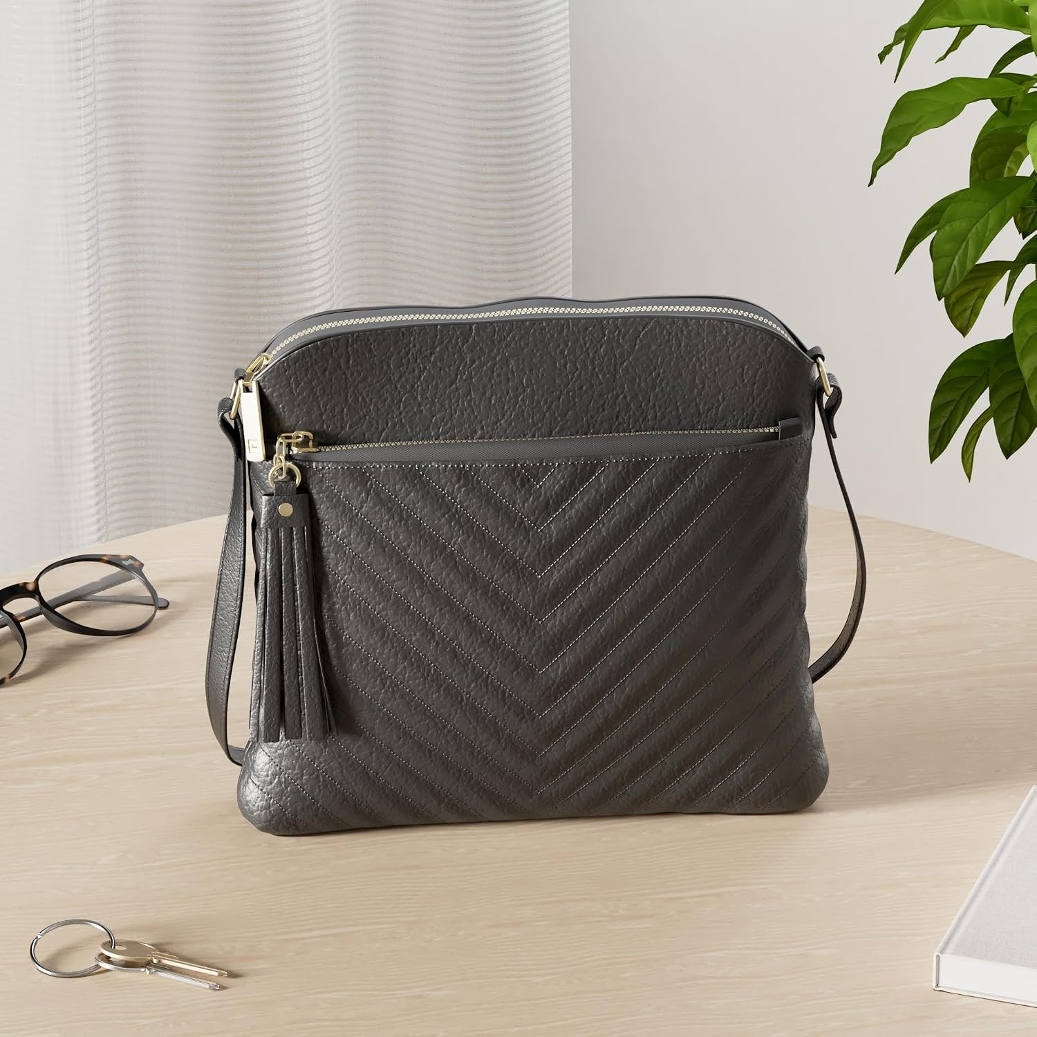 Women's Quilted Crossbody Bag with Tassel Adjustable Strap