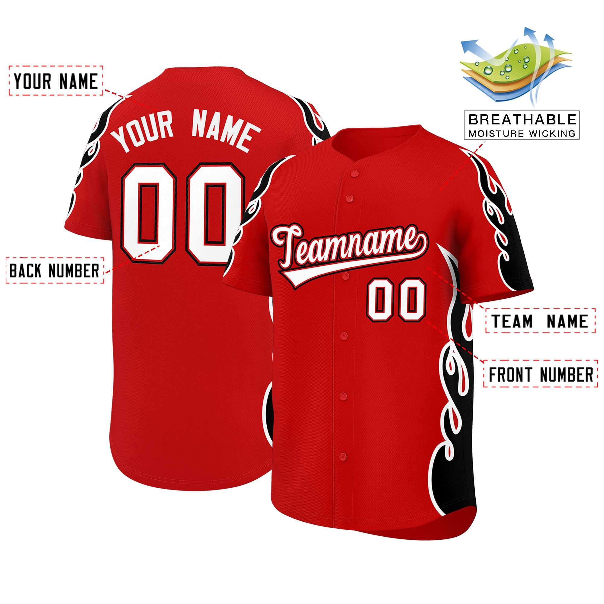 Benutzerdefiniertes Baseball-Trikot mit Seitenflammen-Umrissmuster für Sportuniformen