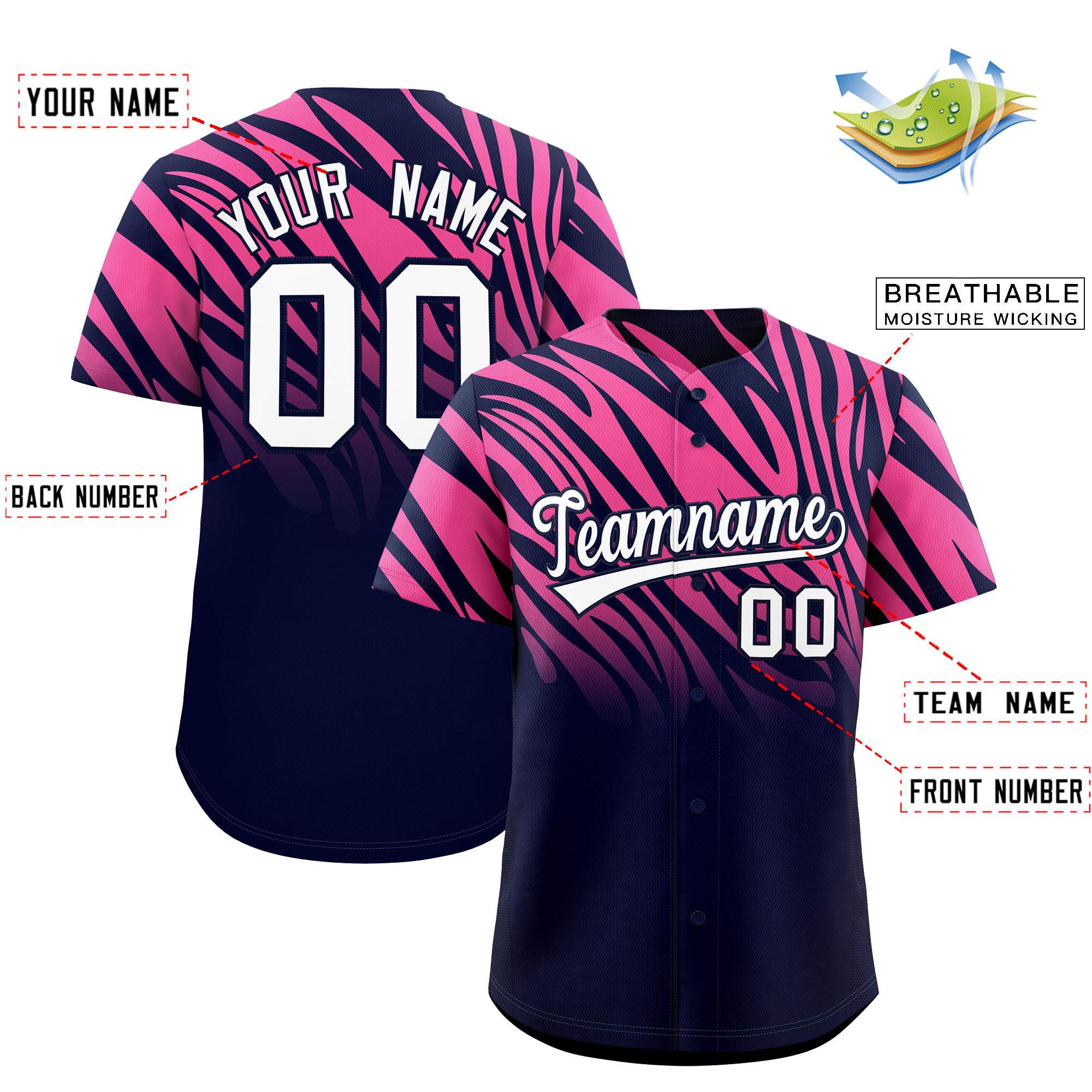 Benutzerdefiniertes Team-Shirt mit Tiger-Streifen und Farbverlauf und Tierdruck, Baseball-Trikot