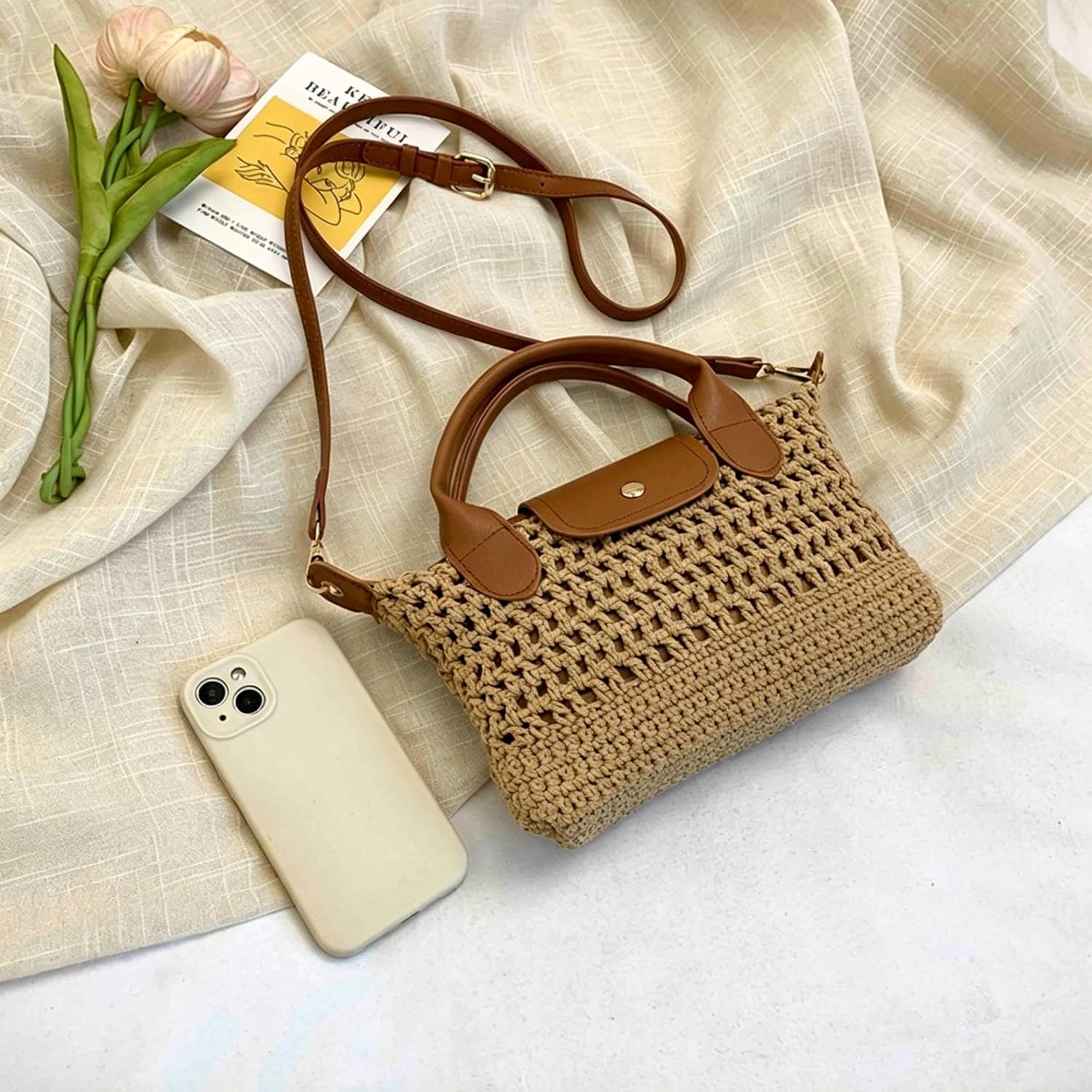 Women's Crochet Crossbody Bag with Leather Top Handle