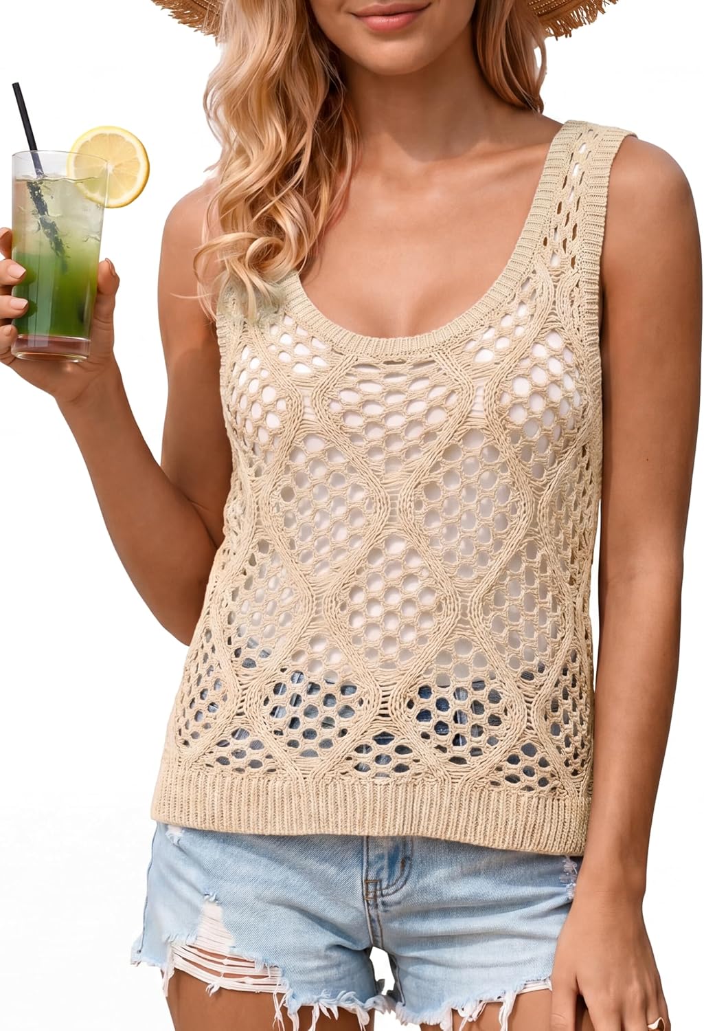 Women's Beige Crochet Scoop Neck Sweater Tank