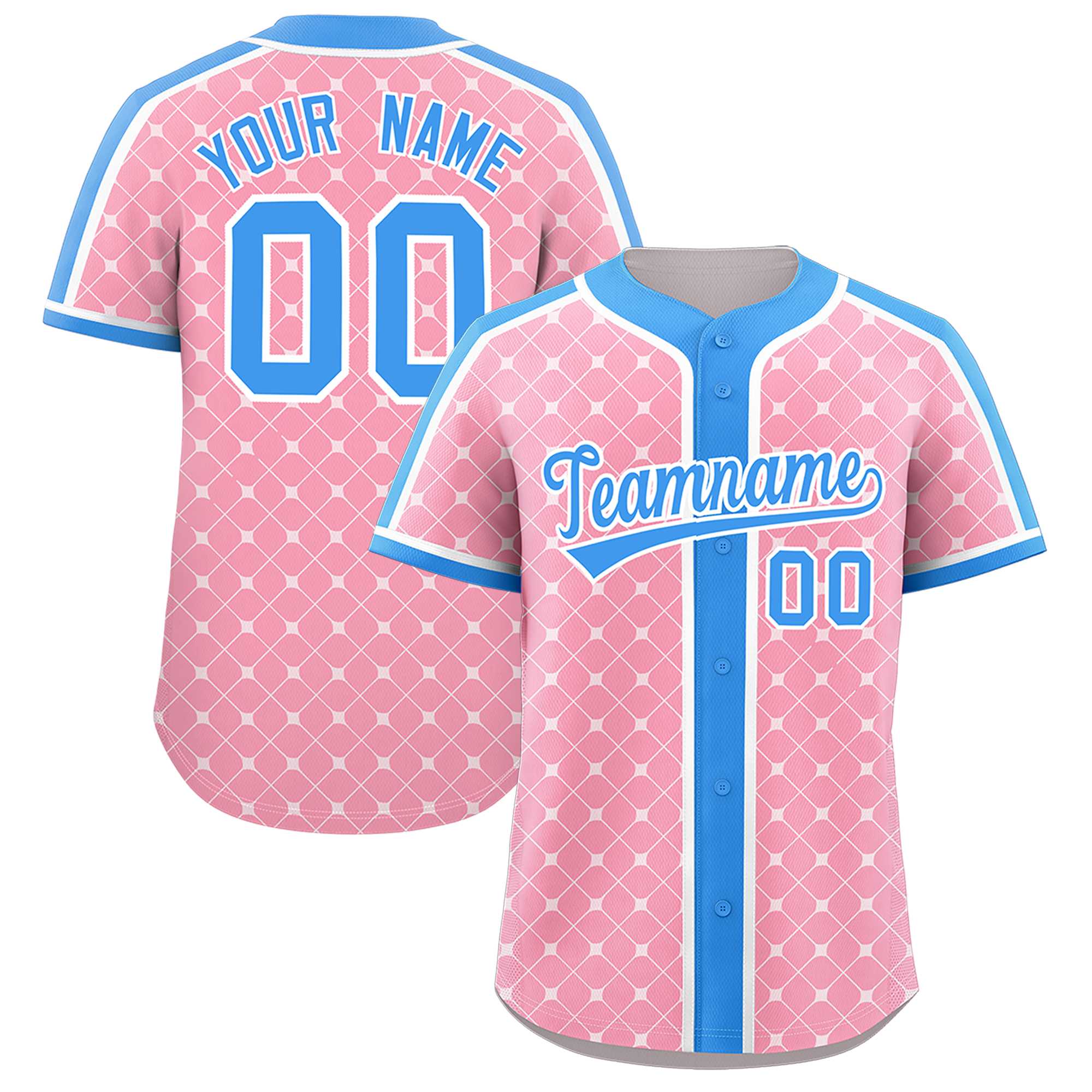 Benutzerdefiniertes hellrosa puderblau-weißes, personalisiertes, authentisches Baseball-Trikot mit kariertem Design