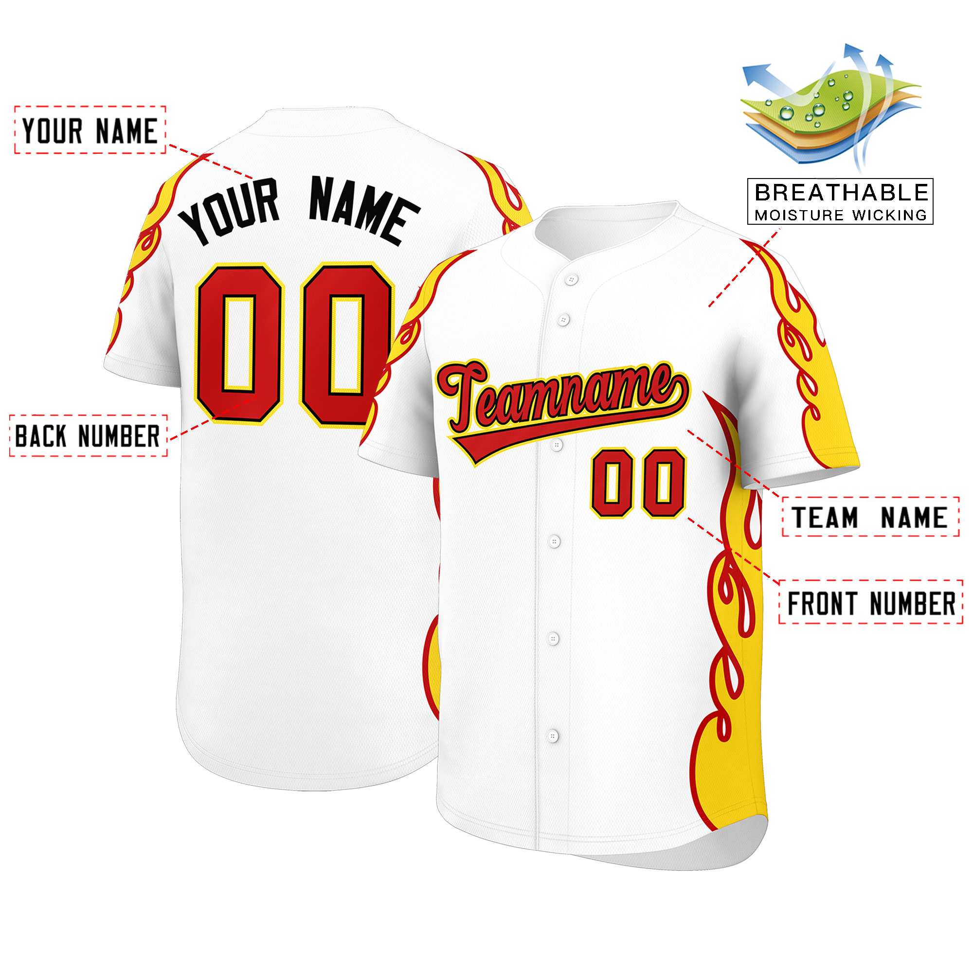 Benutzerdefiniertes Baseball-Trikot mit Seitenflammen-Umrissmuster für Sportuniformen