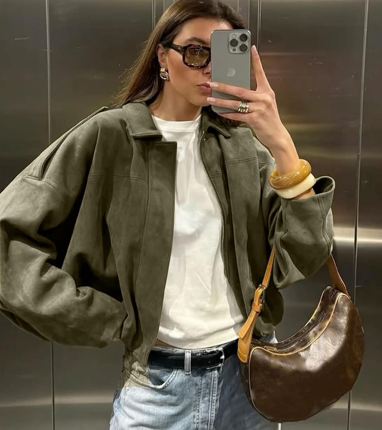 Womens Faux Suede Bomber Jacket Casual Lapel Pilot Cropped Coat Oversized Motorcycle Jackets Outerwear