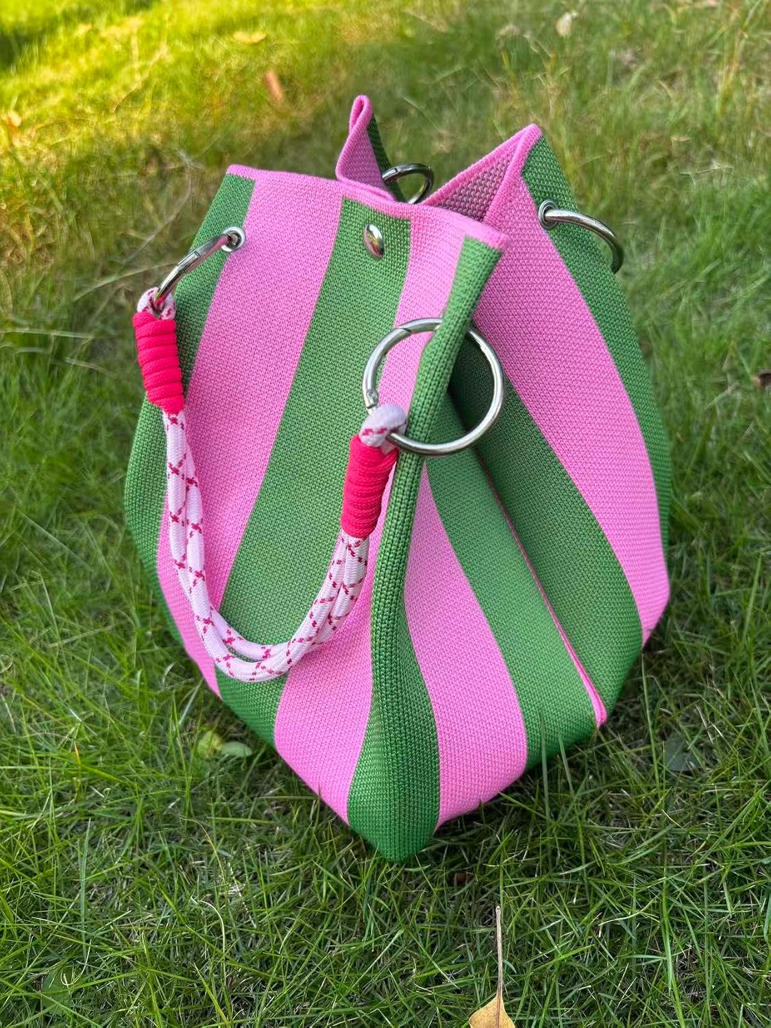 Women's Striped Canvas Bucket Tote Bag Pink Green Women's Striped Canvas Bucket Tote Bag Pink Green