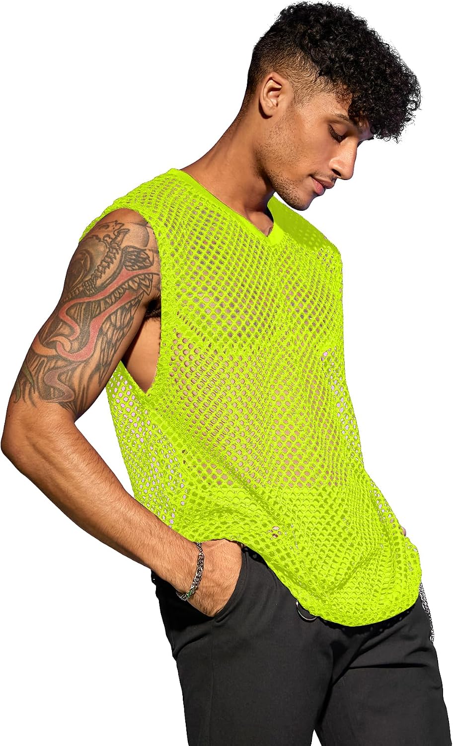 Men's Crochet Hollow Out Tank Top Neon Green