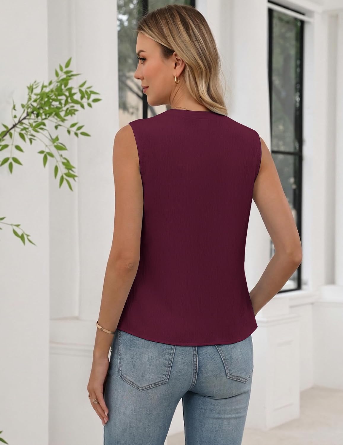 Women's V Neck Sleeveless Blouse Button Front Plum