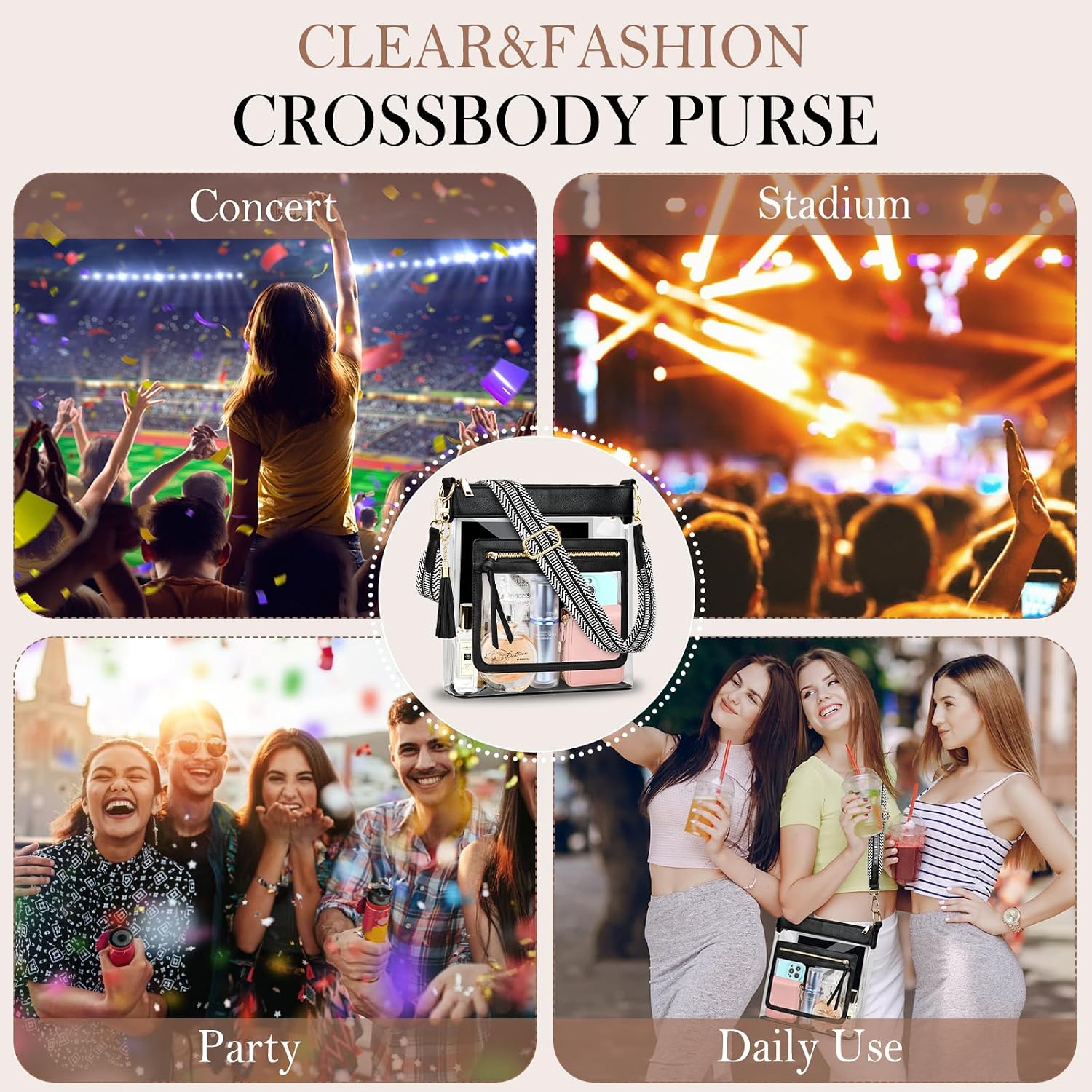 Women's Clear PVC Stadium Crossbody Bag Black Trim