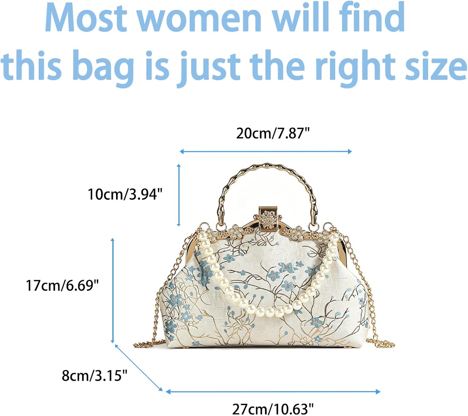 Women's Embroidered Floral Clutch with Pearl Handle and Chain