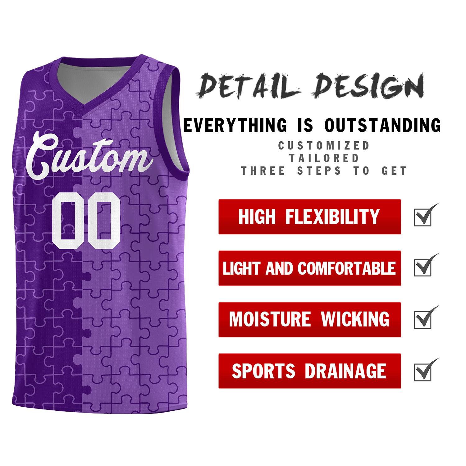 Benutzerdefinierte lila hellviolette Split-Basketball-Kits mit Puzzle-Muster