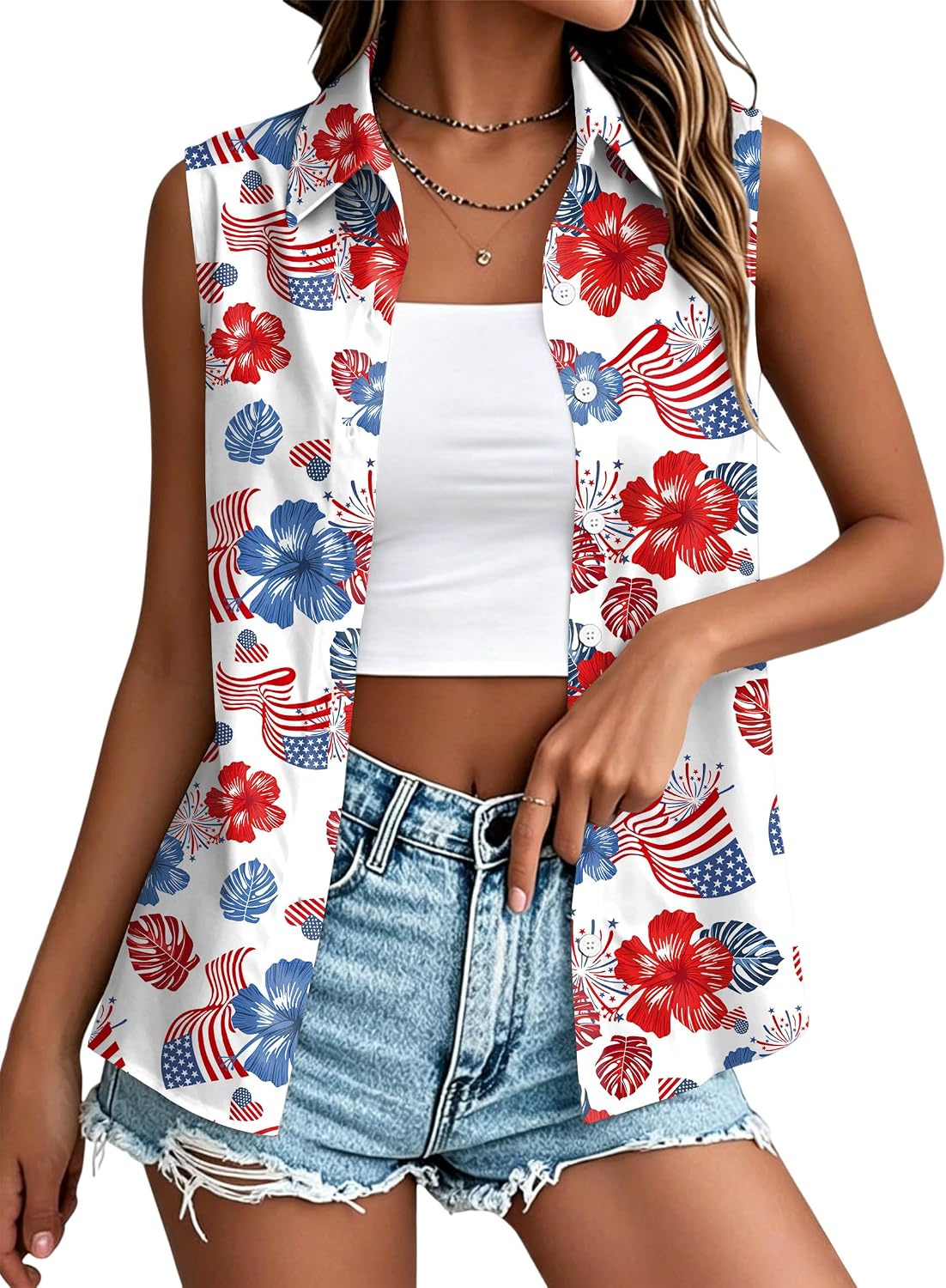 Women's American Flag Sleeveless Button Down Collared Shirt